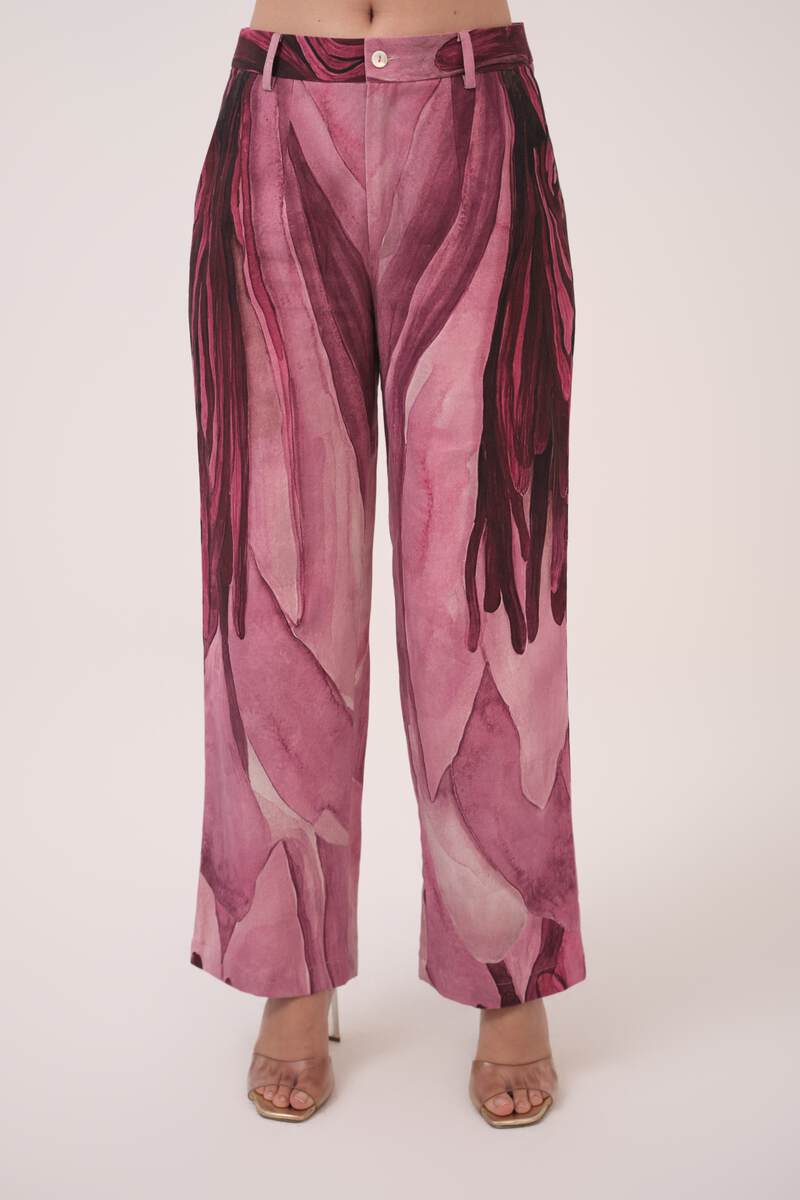 Watercolour Lotus Print Denim Straight Pants  Mulberry Pink