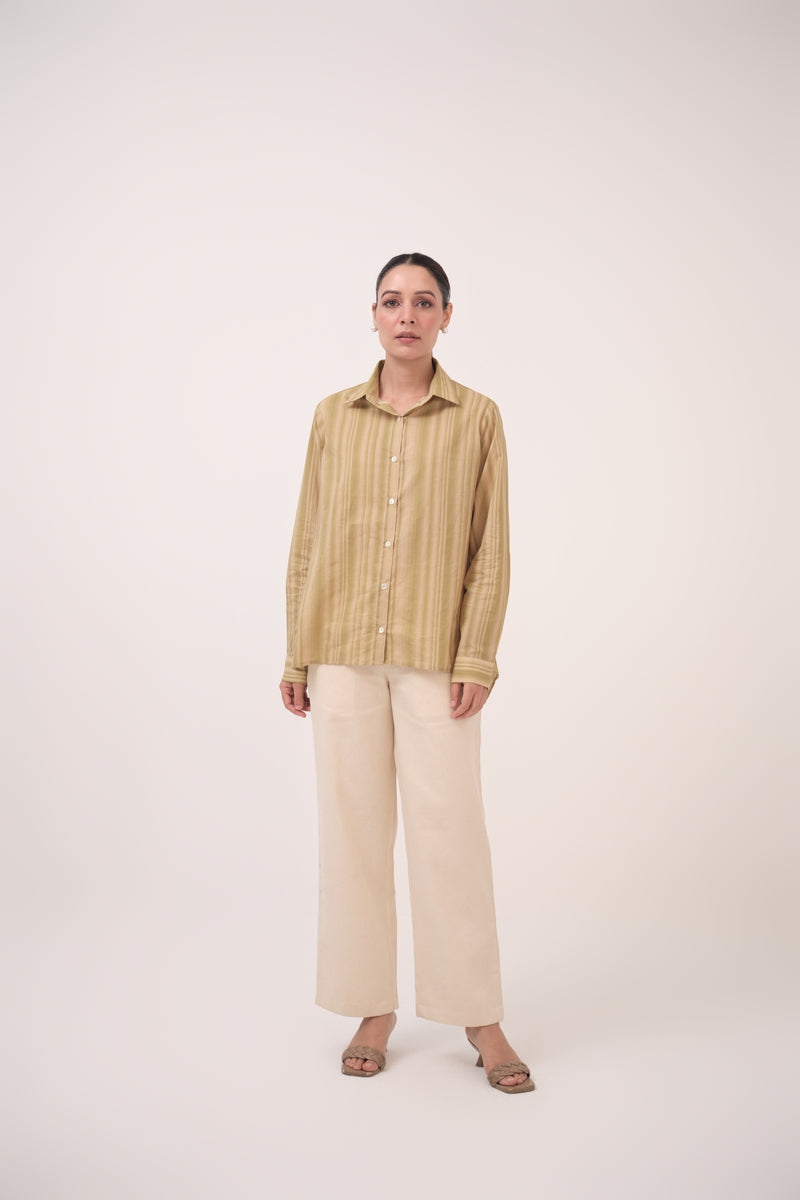 Gradient Striped Cotton Shirt Beige & Green