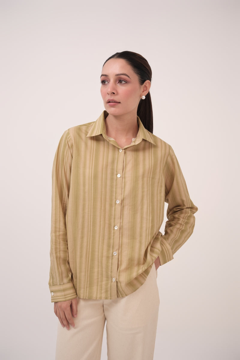 Gradient Striped Cotton Shirt Beige & Green