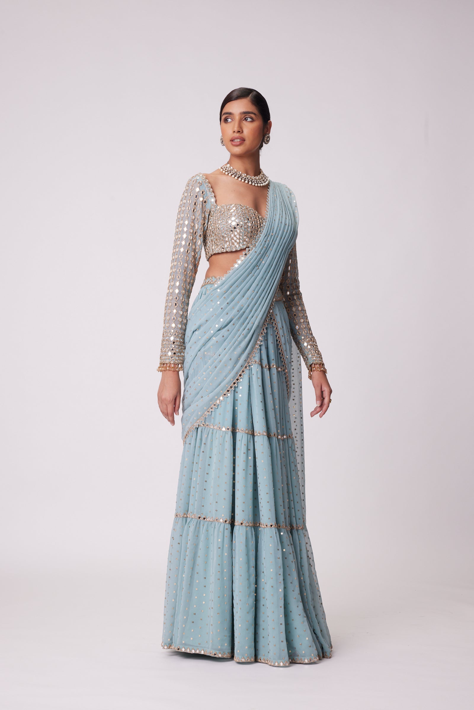 Powder Blue Multi Tier Hand Embroidered Saree Set