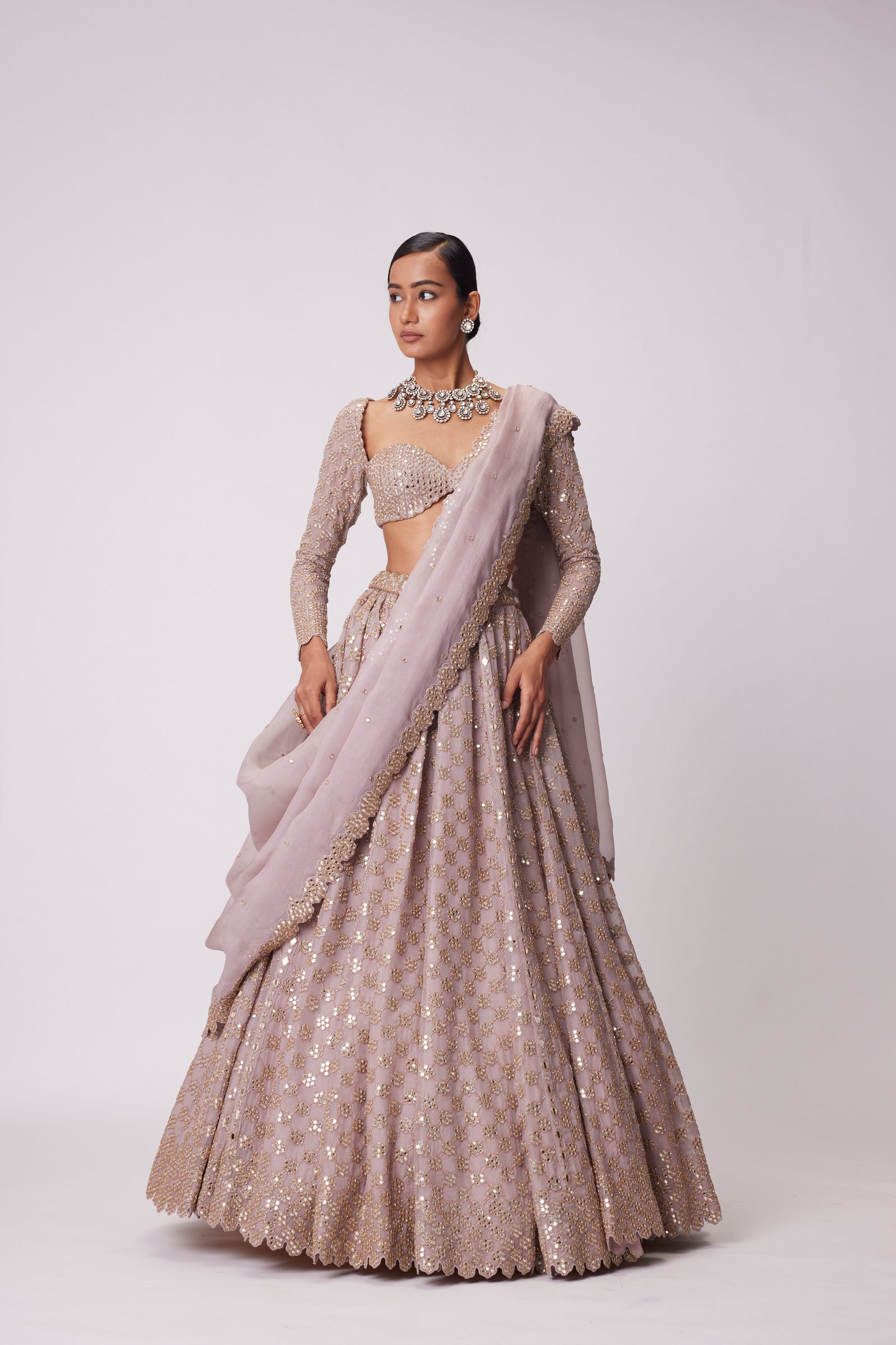 Ash Pink Flower Embroidered Lehenga Set
