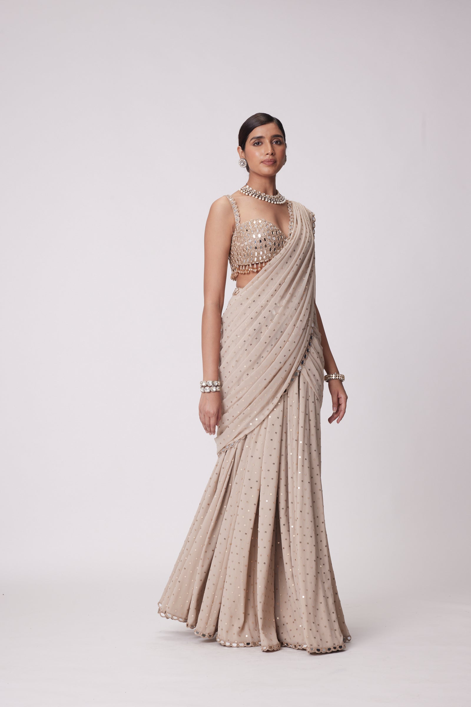 Light Beige Georgette Pre Draped Saree Set