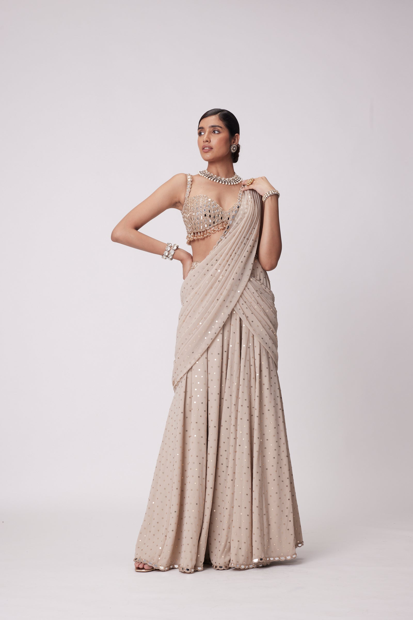 Light Beige Georgette Pre Draped Saree Set