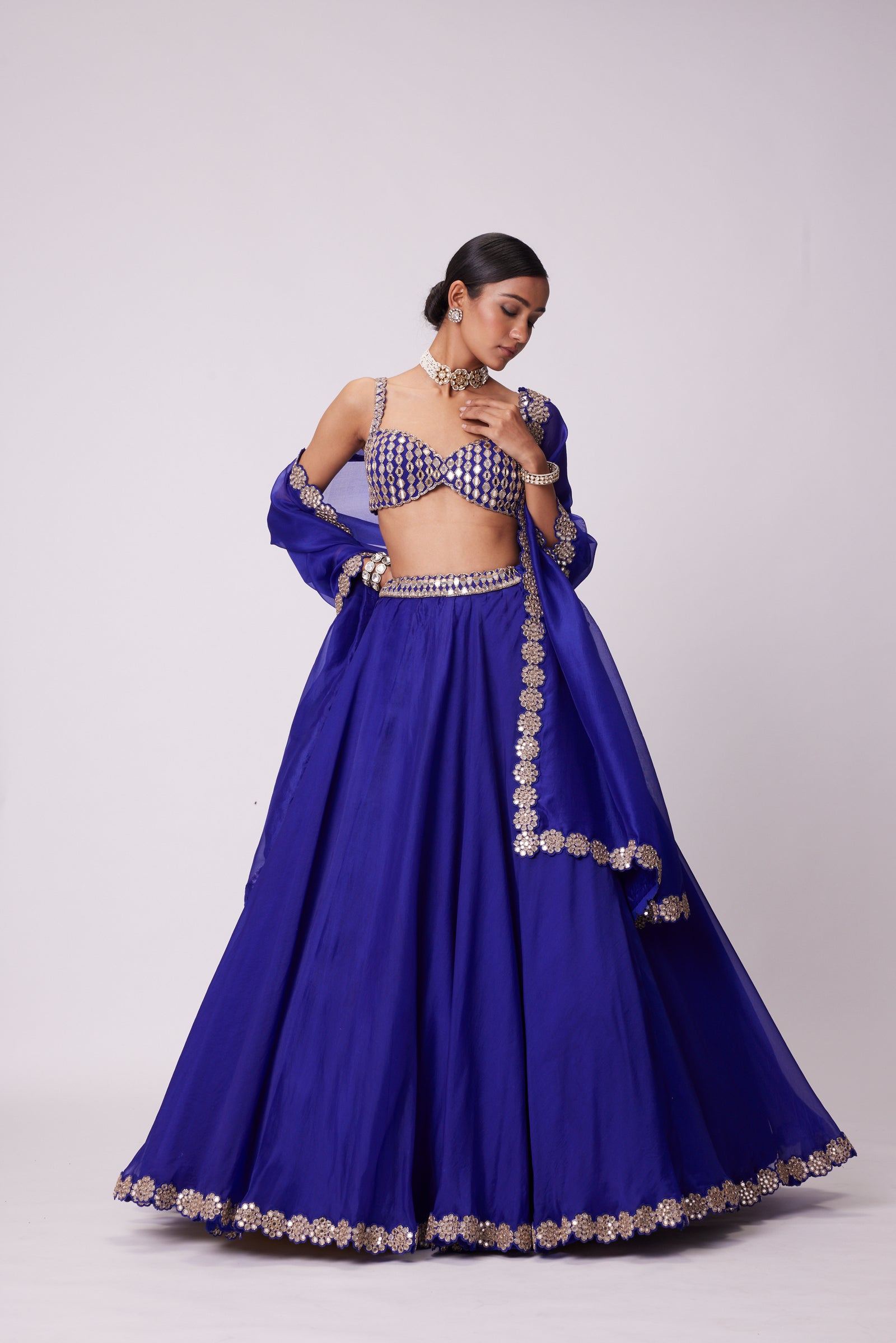 Persian Blue Linear Mirror Embroidered Lehenga Set