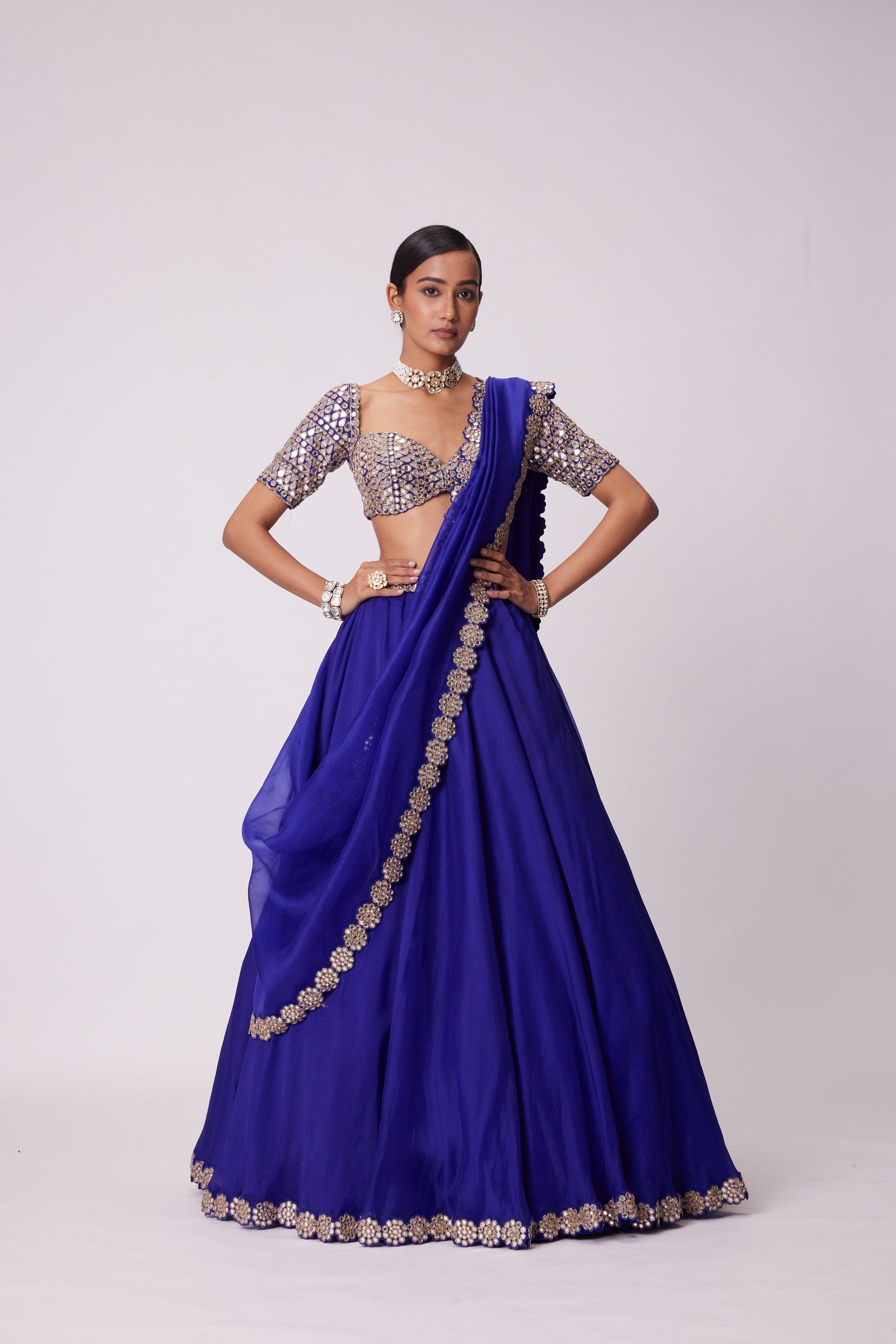 Persian Blue Organza Hand Embroidered Lehenga Set