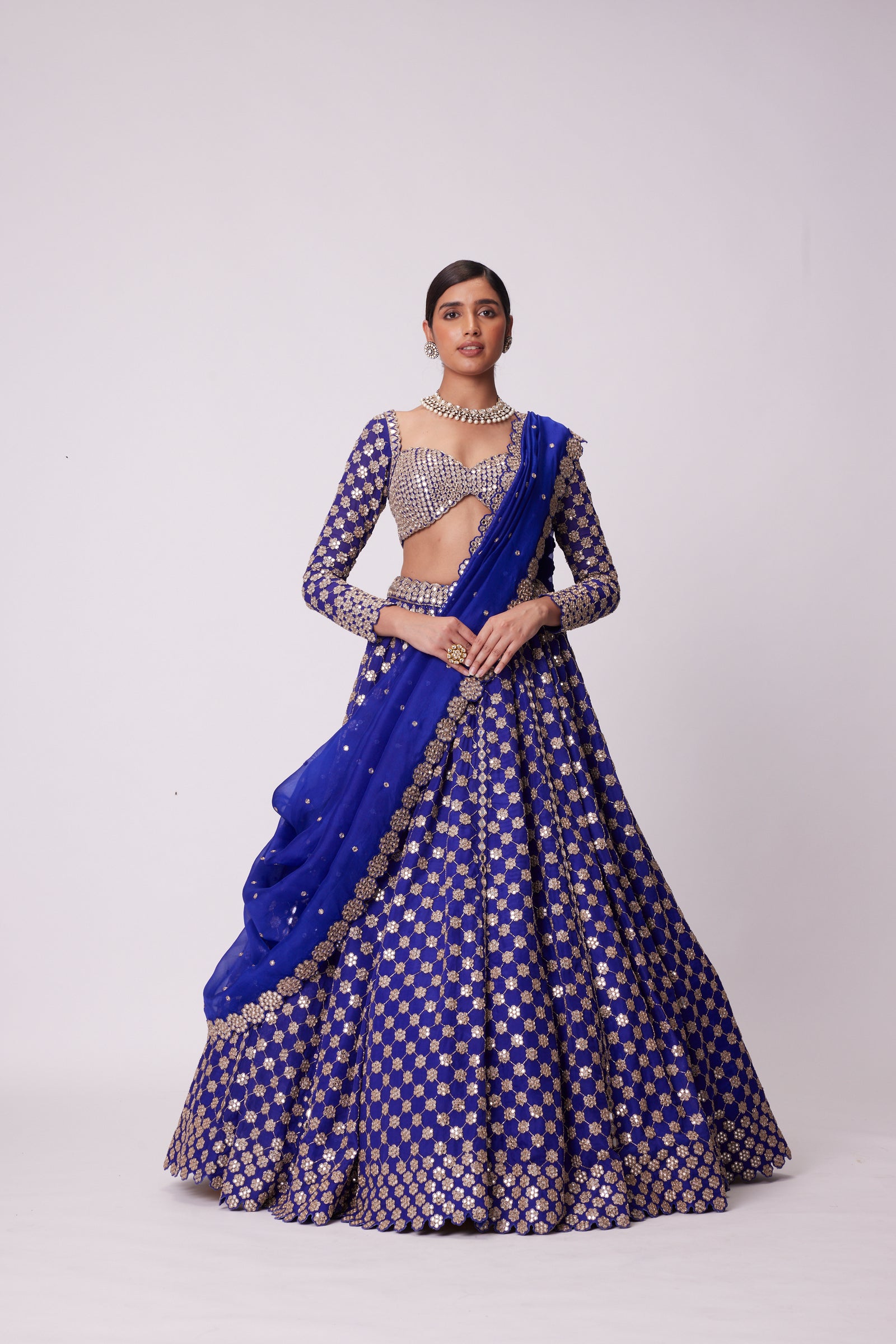 Persian Blue Mirror Flower Hand Embroidered Lehenga