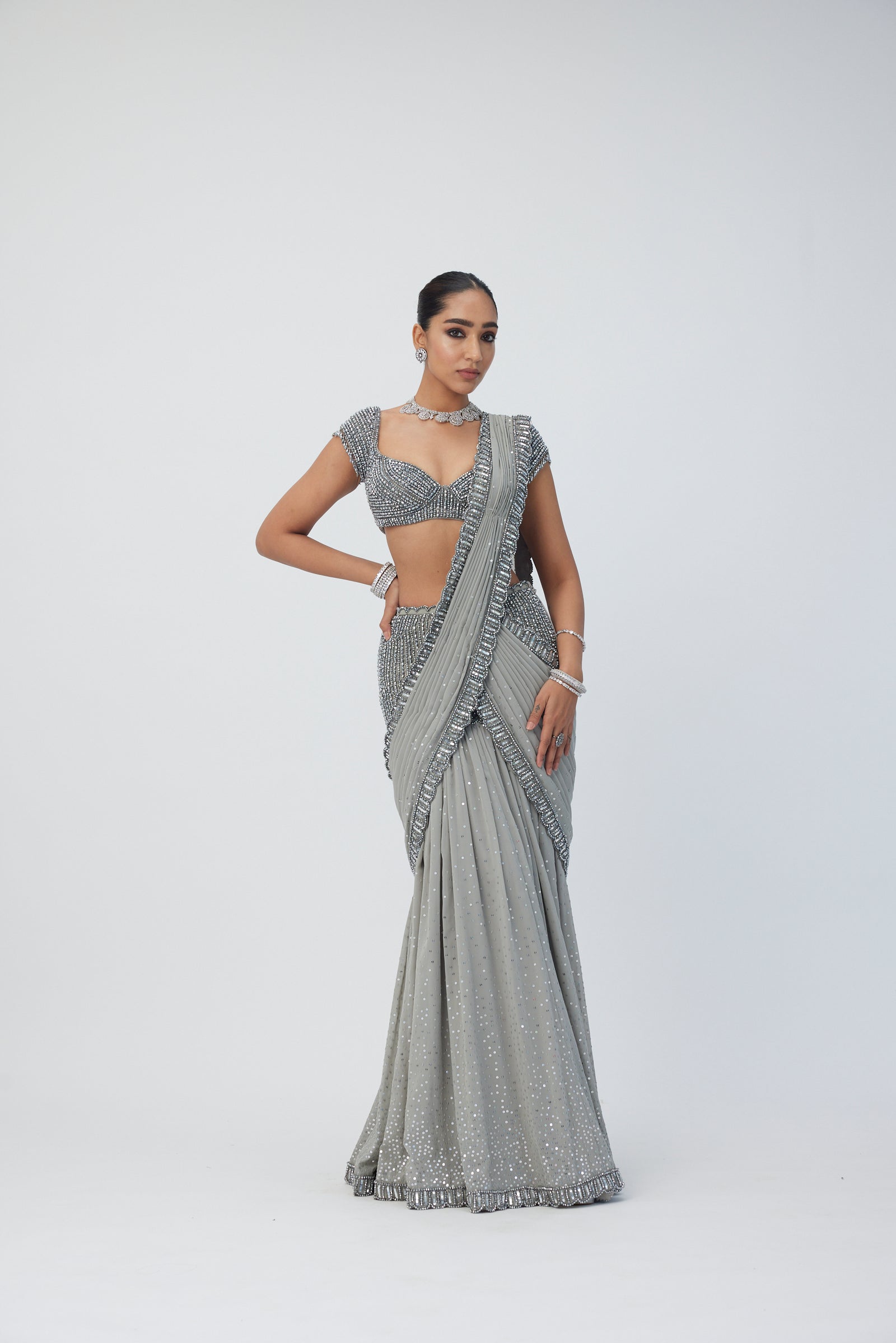 Hand Embroidered Pre Draped Georgette Saree