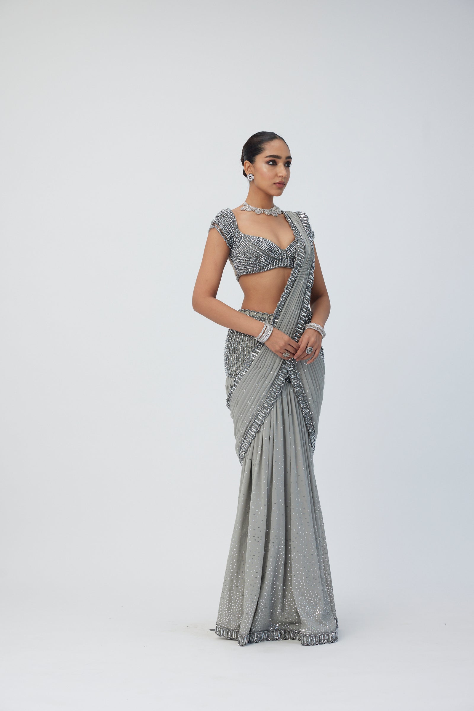 Hand Embroidered Pre Draped Georgette Saree