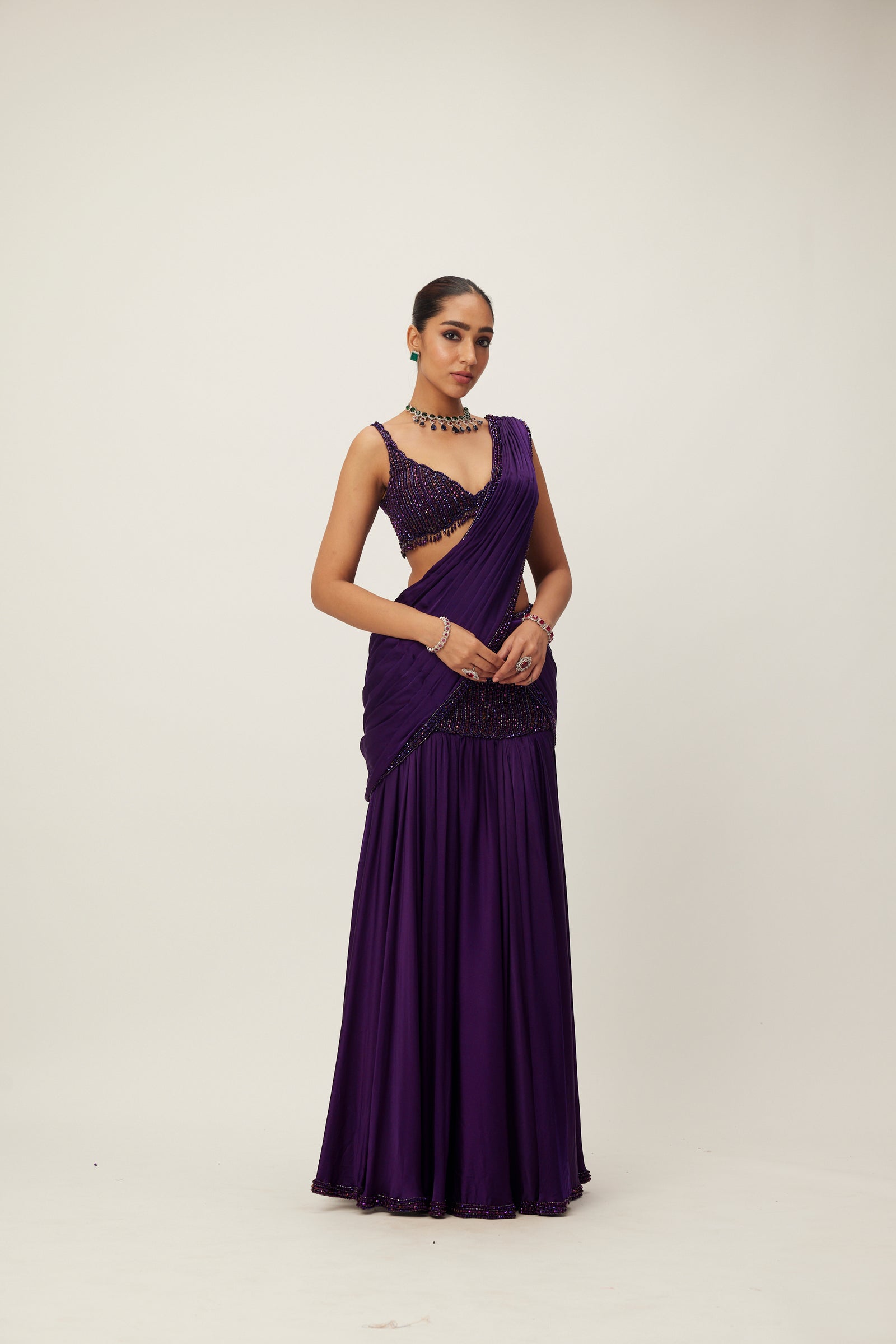 Royalty Purple Pre Draped Crystal beaded Saree Set