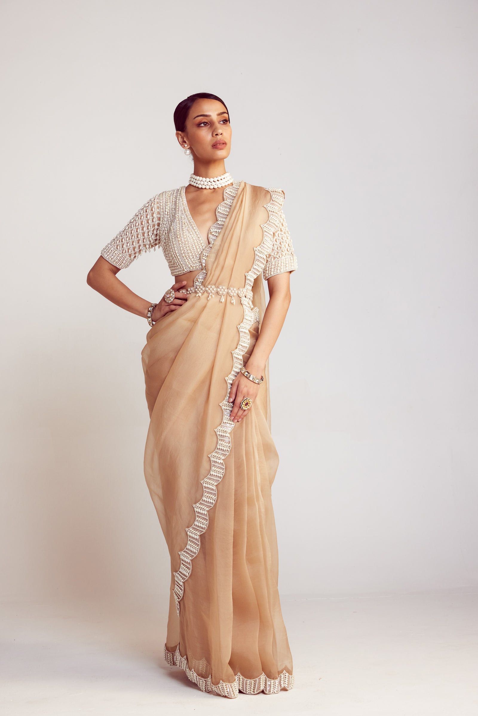 Beige V Neck Pre-Draped Saree Set