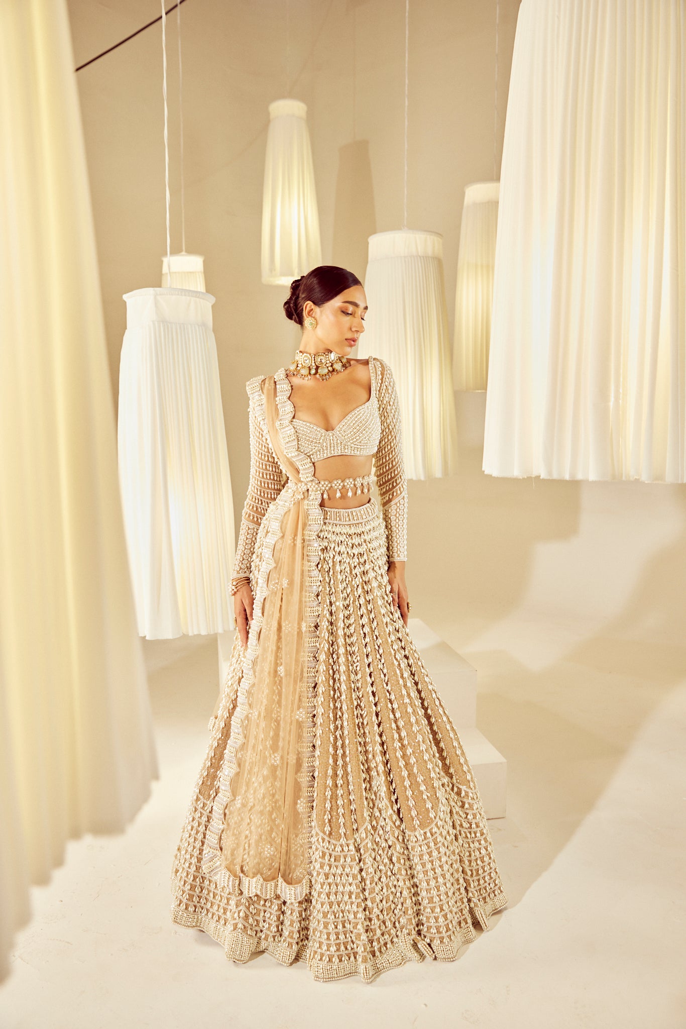 Beige V Neck Chandelier Pearl Lehenga Set