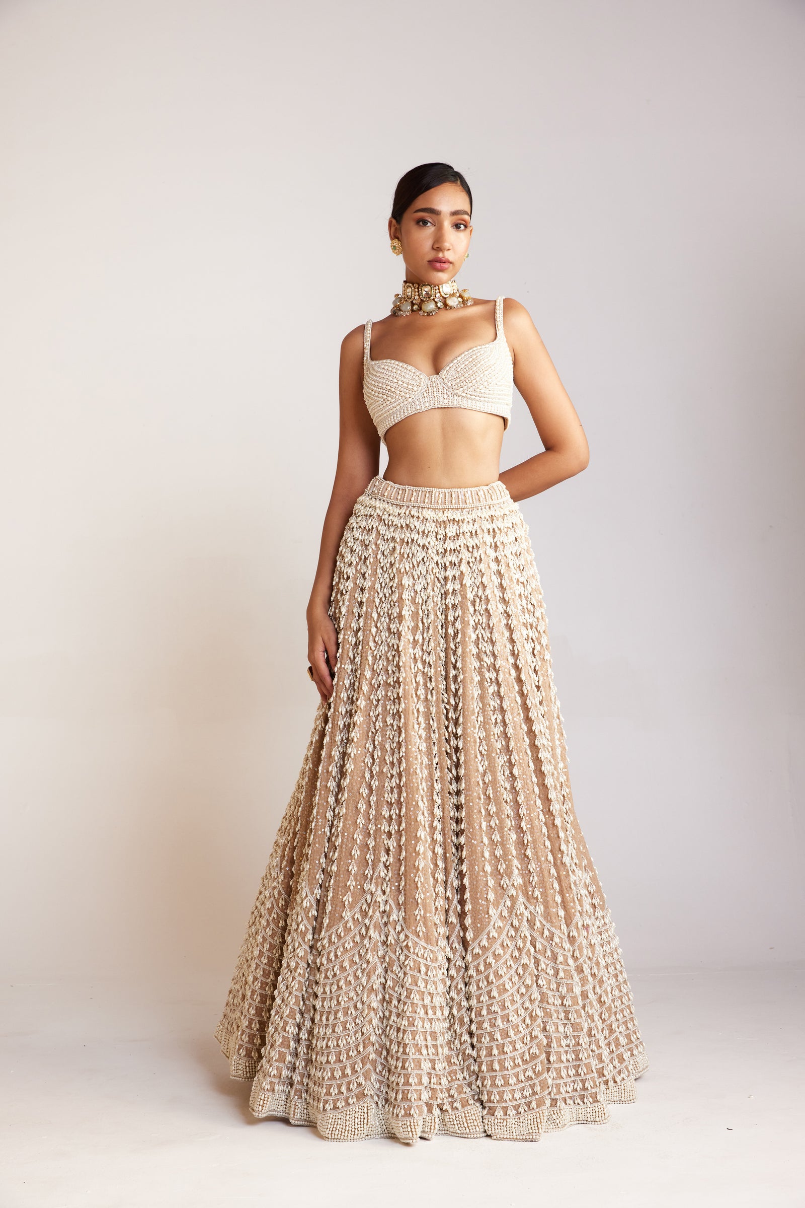 Beige Chandelier Pearl Sweetheart Neck Lehenga Set
