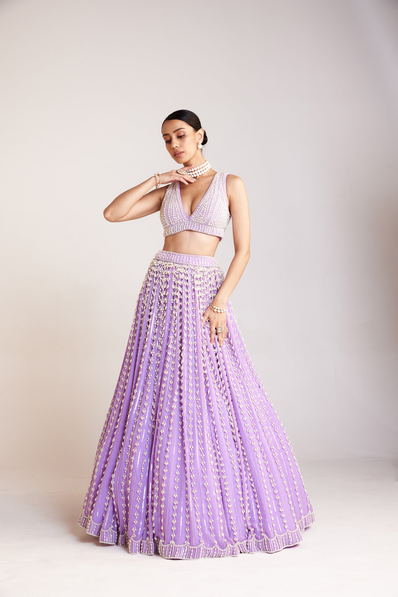 Lilac V Neck Pearl Chandelier Lehenga Set