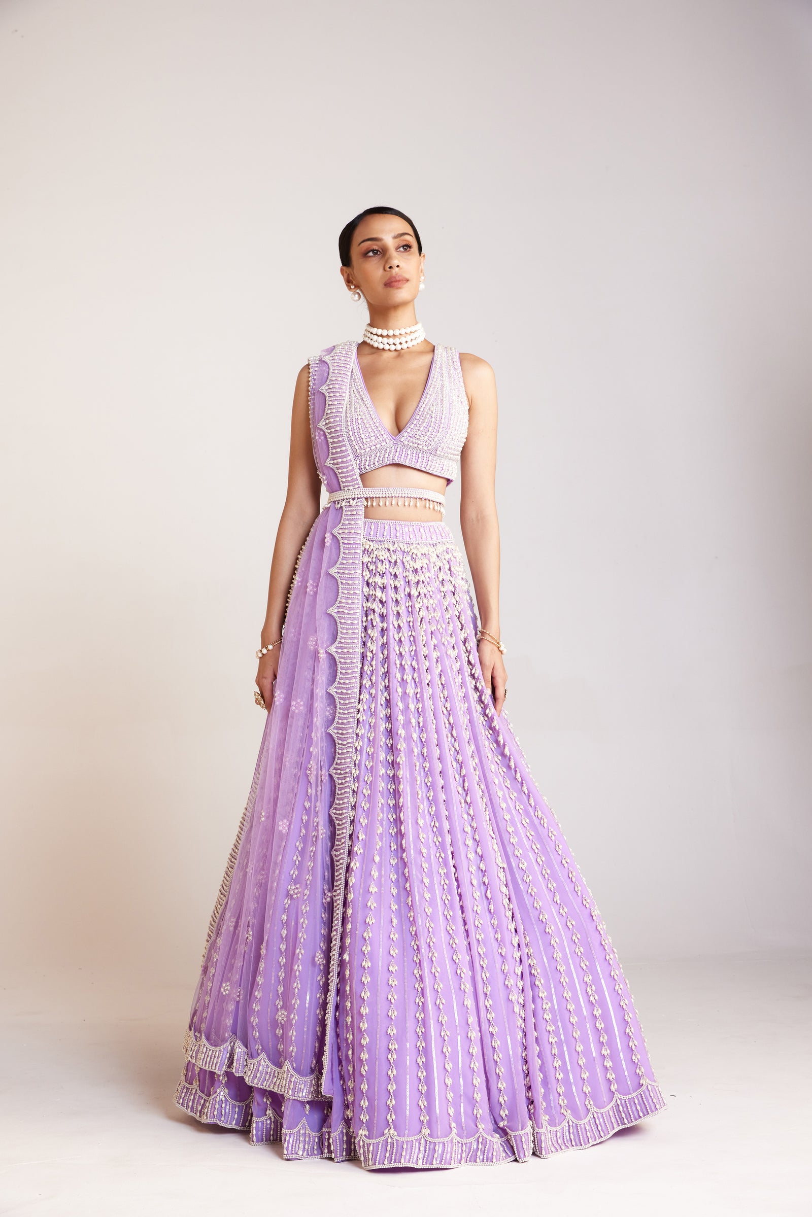 Lilac V Neck Pearl Chandelier Lehenga Set