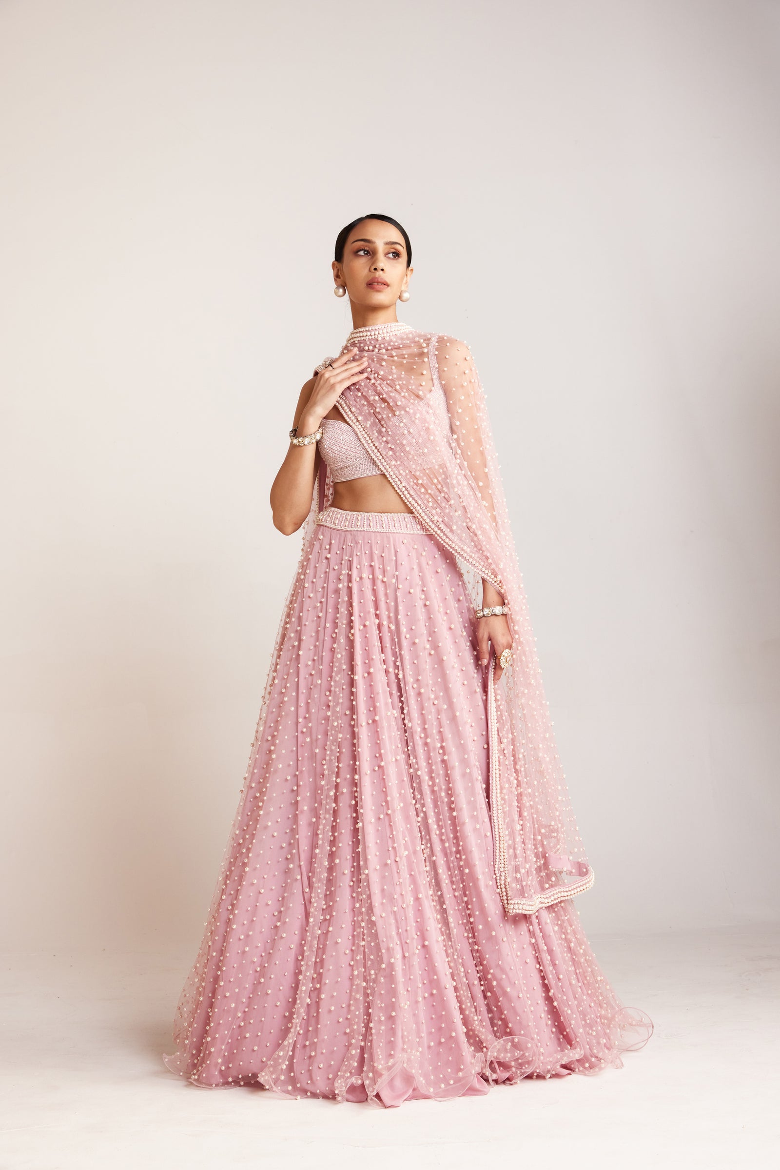 Powder Pink Dense Pearl Lehenga Set