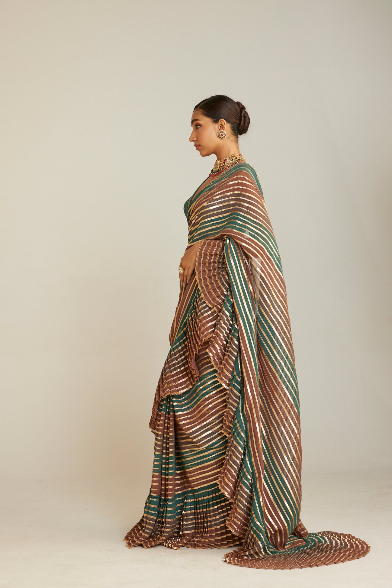 Pre Draped Mud Green Multicolor Saree Set