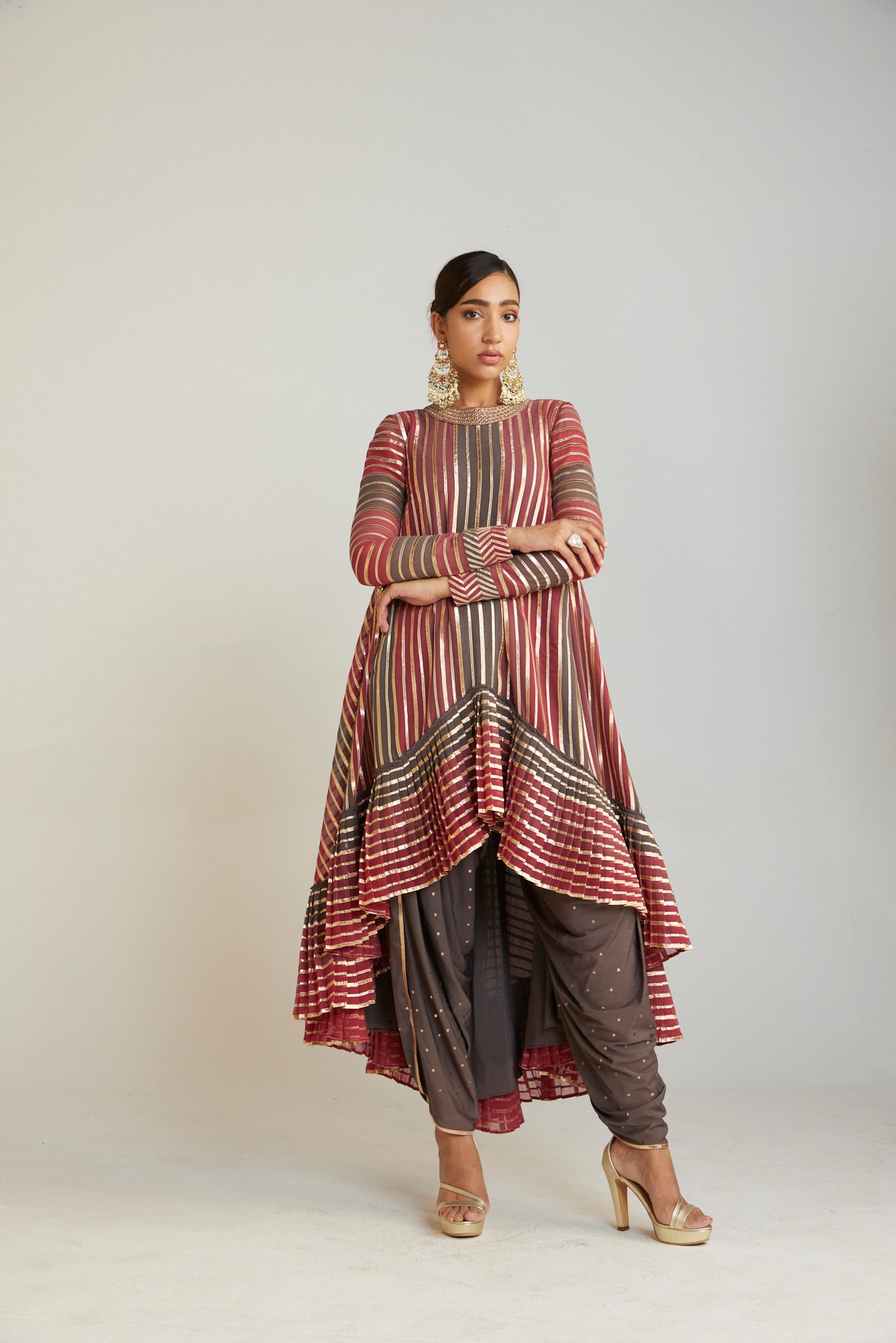 Charcoal Grey Asymmetrical Kurta Dhoti Set