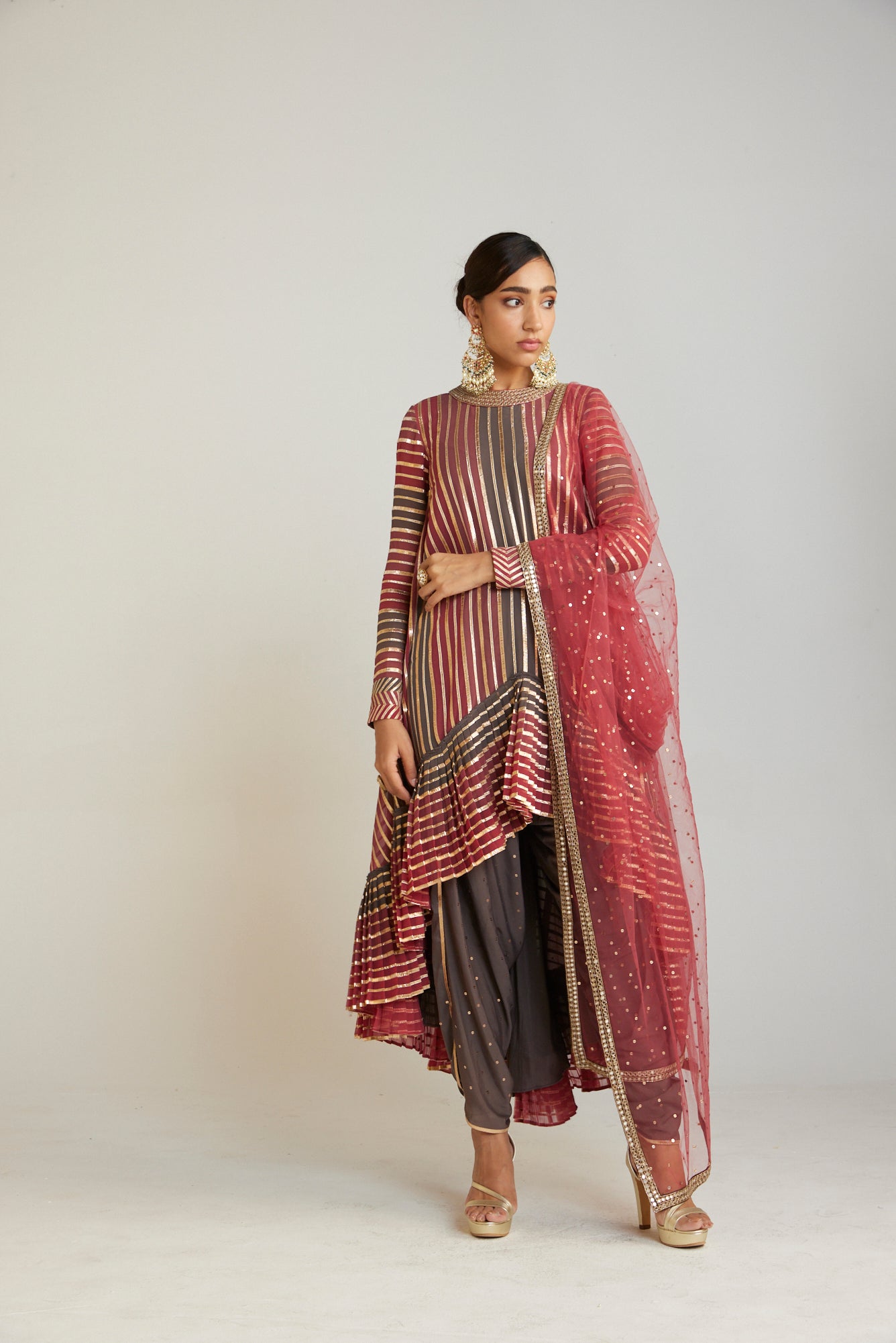 dress for 60th birthday party Charcoal Grey Asymmetrical Kurta Set