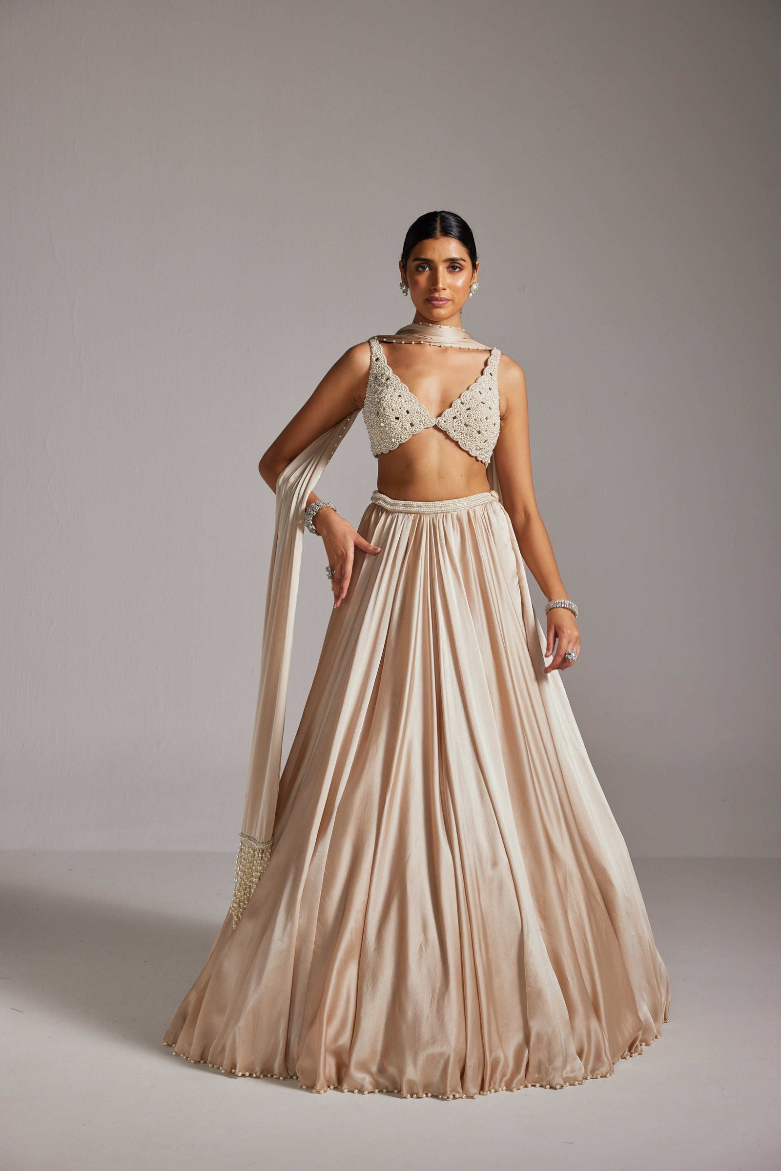 Light Beige V Neck Satin skirt Set