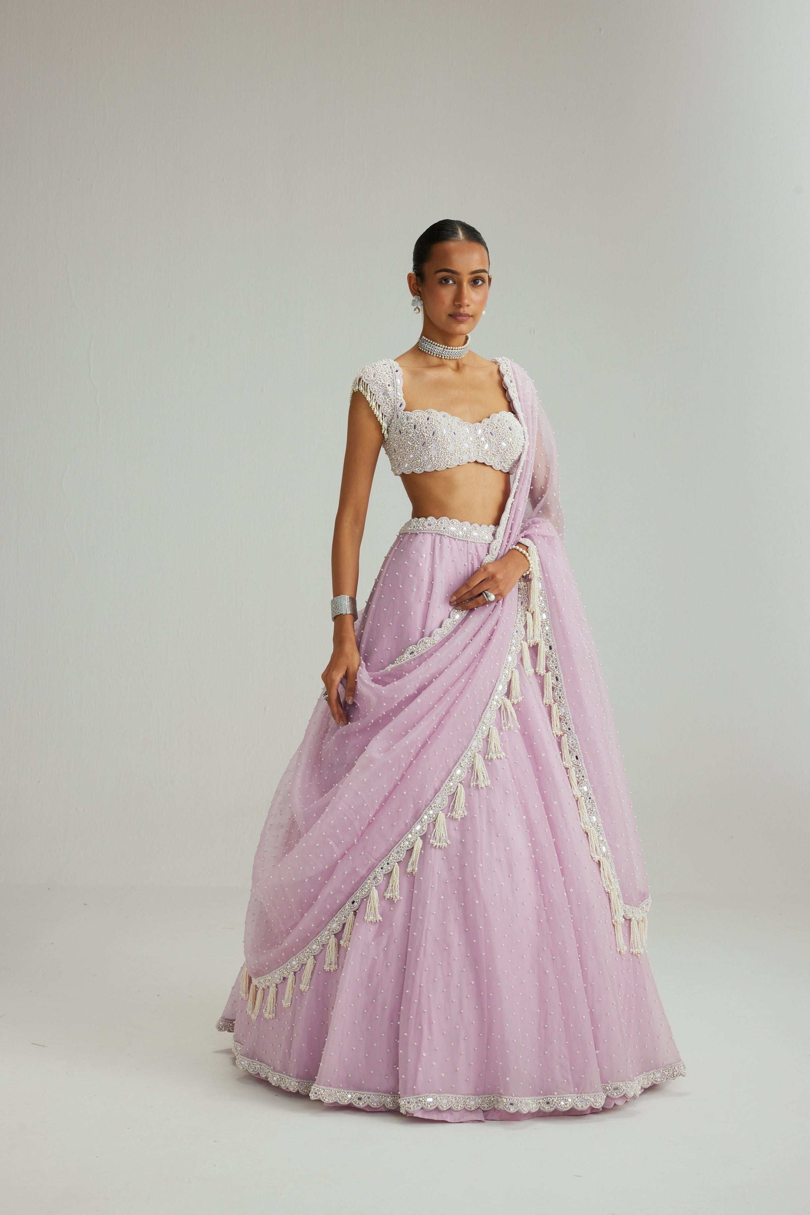 Lavender mirror and pearl lehenga set