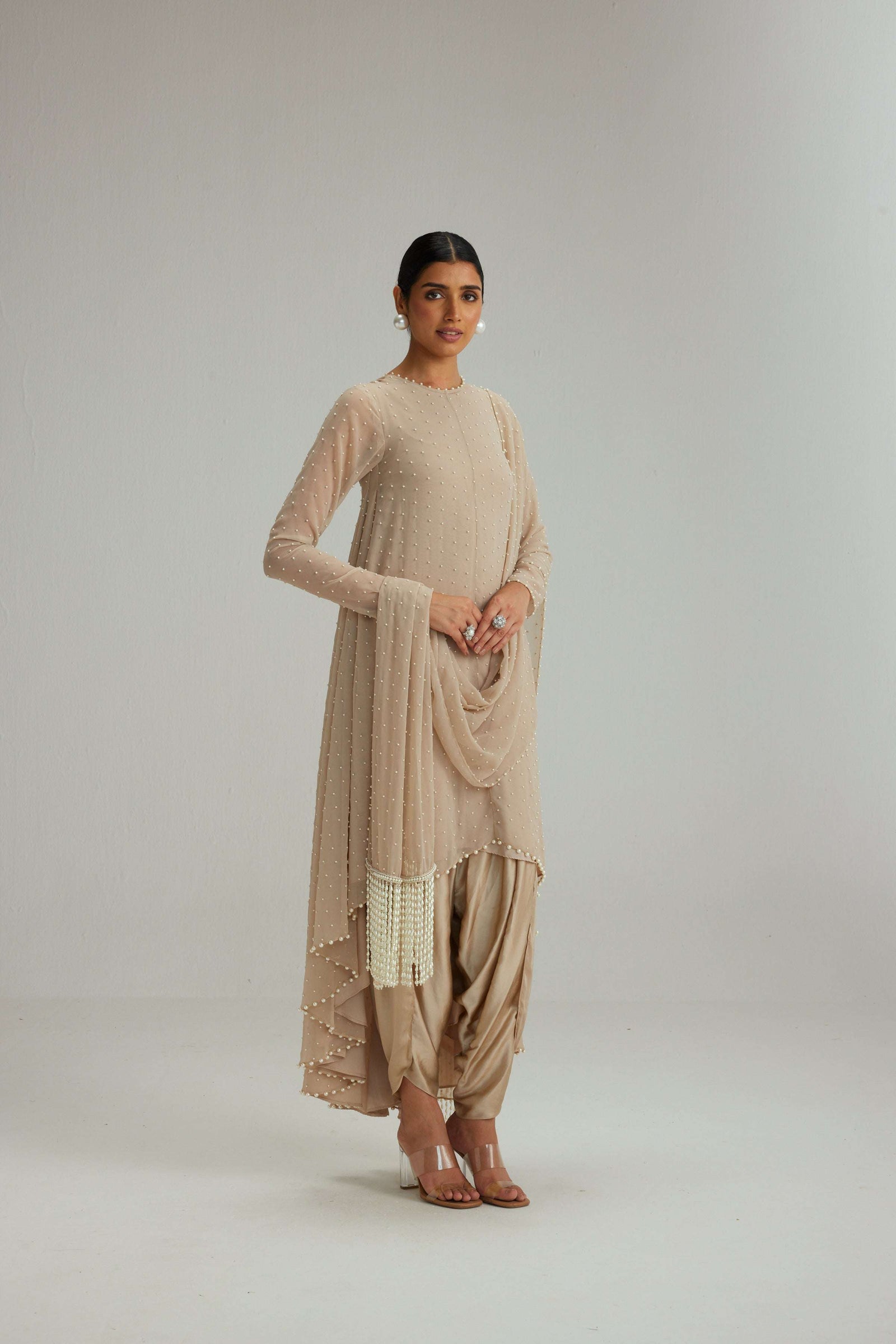 Light Beige pearl Kurta With Stole Set