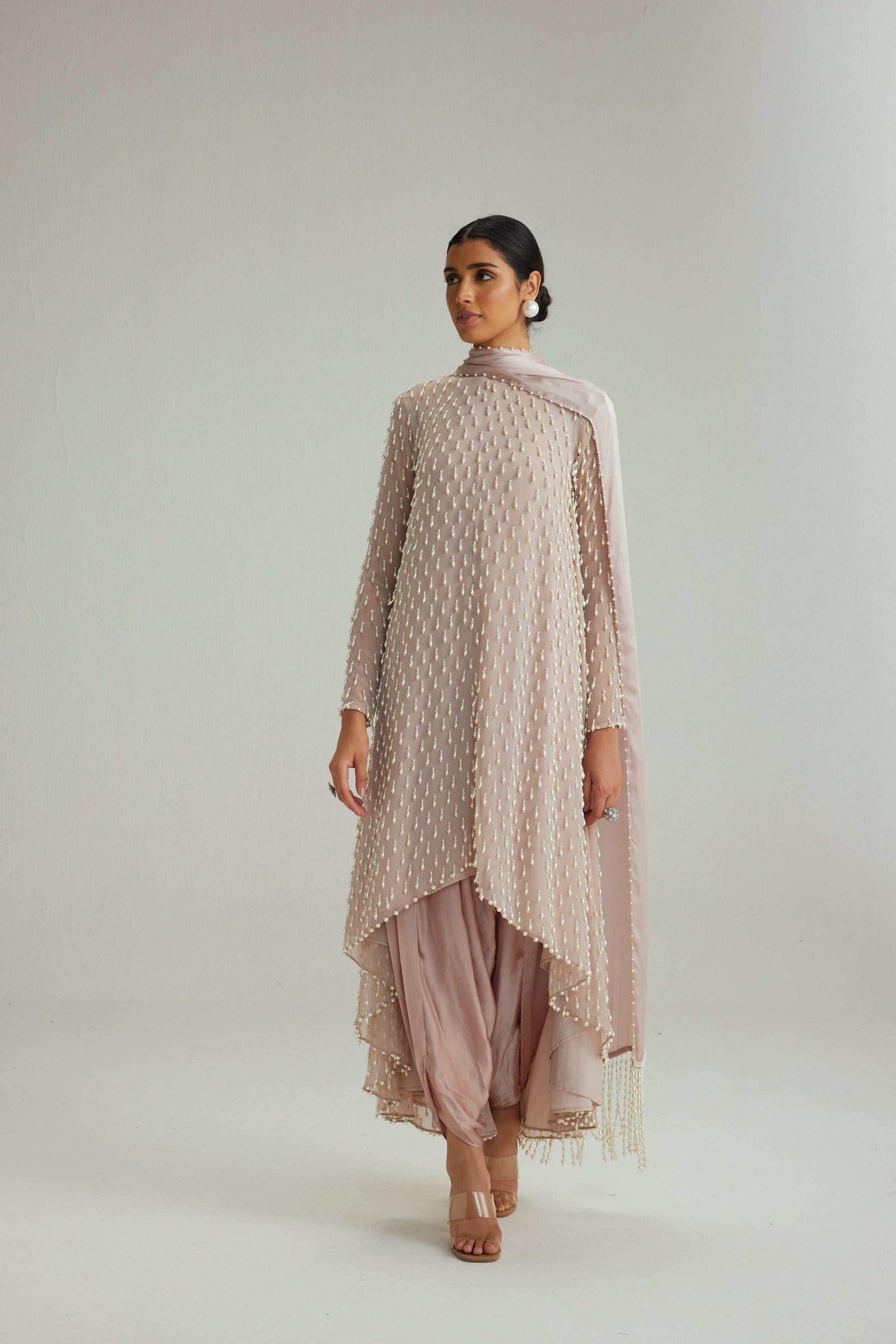 Ash Pink Pearl Drop Kurta set with Dupatta