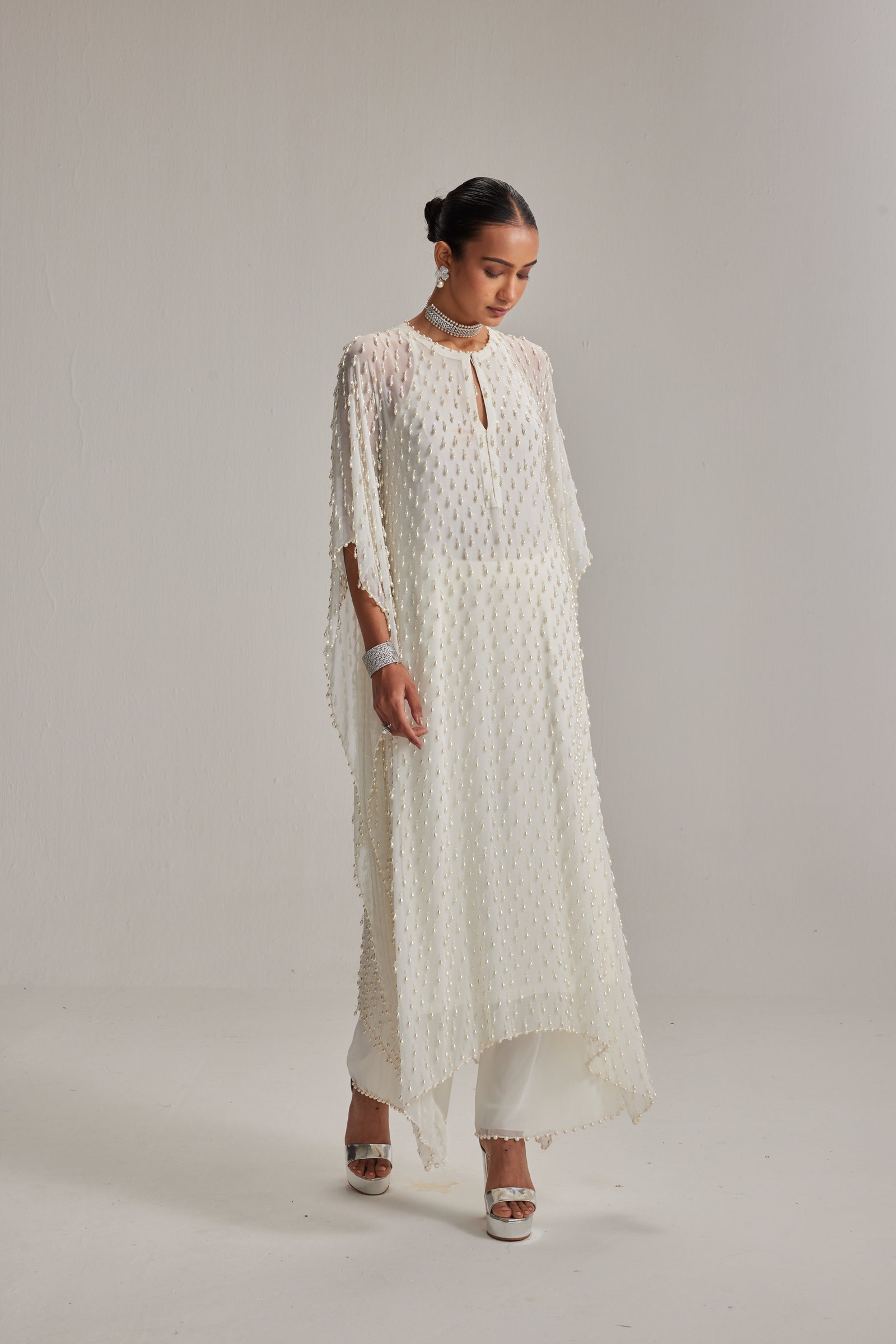 Off White Pearl Drop Kaftaan set