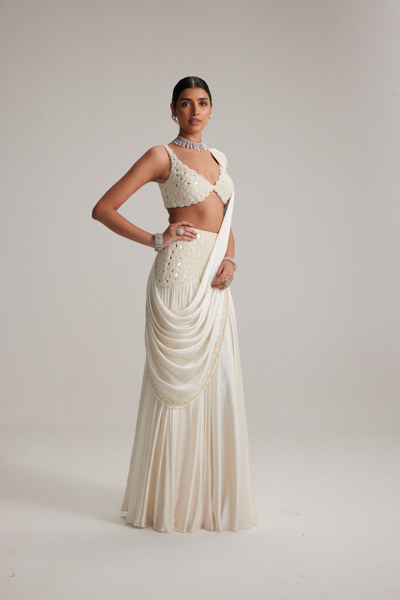 Off White Pearl and Mirror Embroidered satin draped saree set