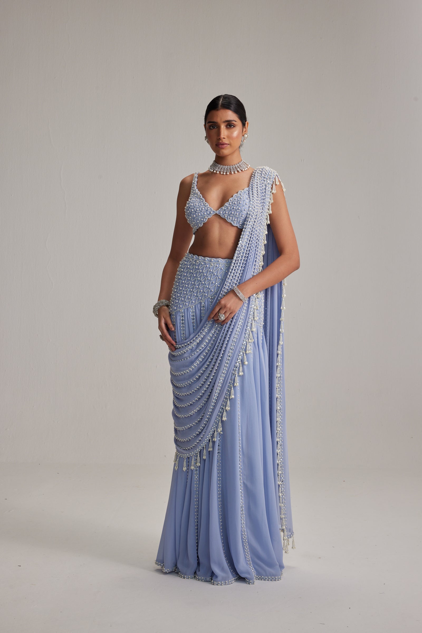 Dew Blue Linear Mirror And Pearl Embroidered Draped Saree Set