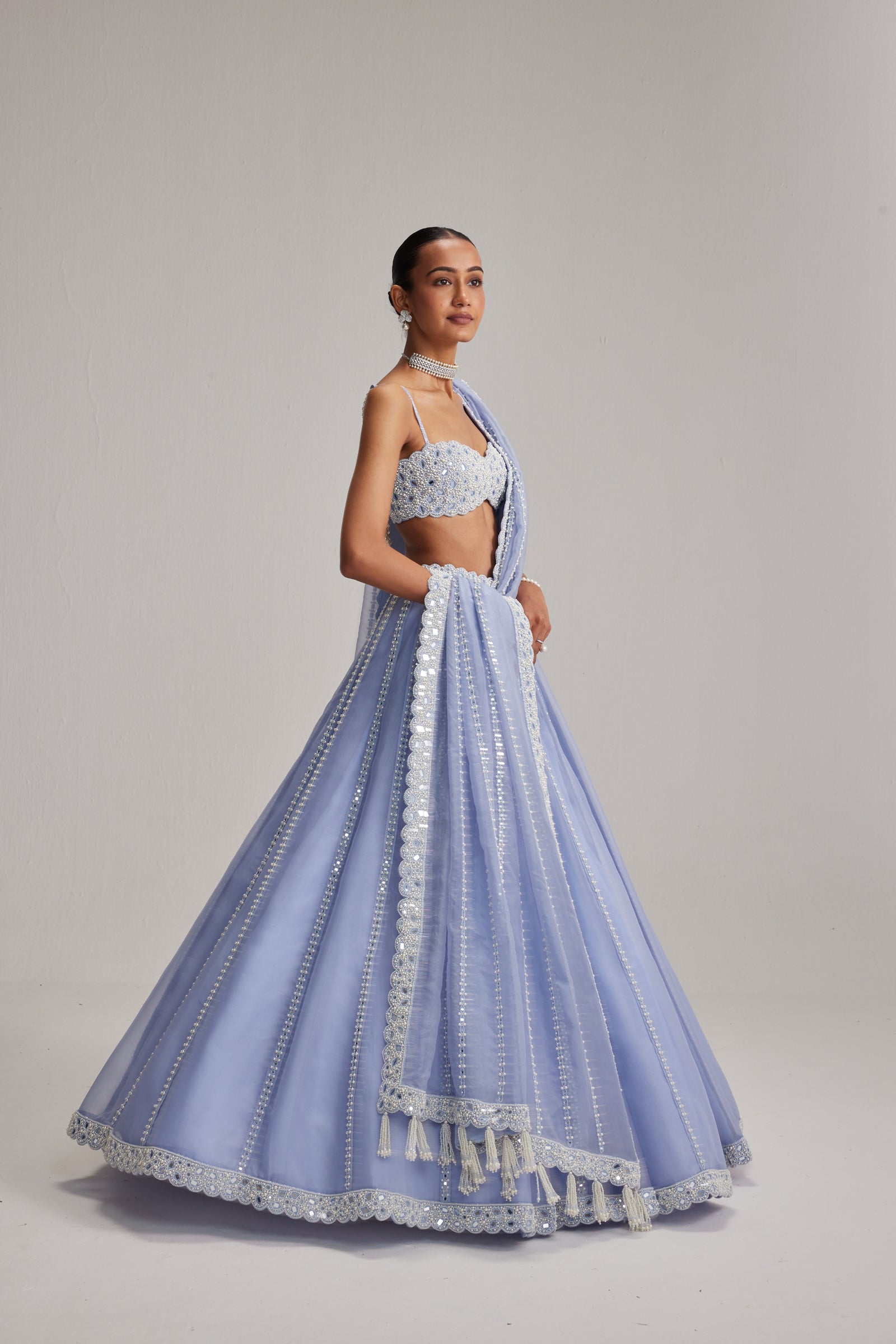 Dew Blue linear Mirror Organza Lehenga Set