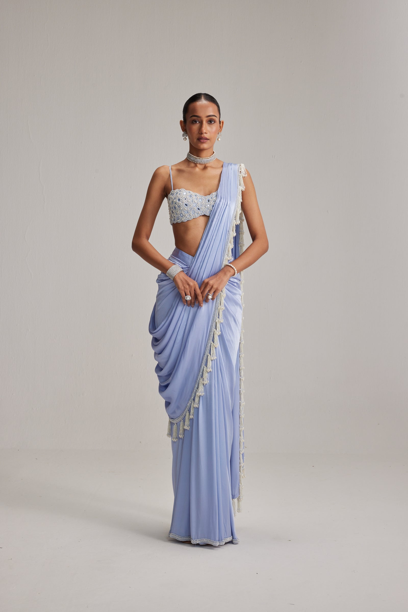 Dew Blue Satin Draped Saree Set
