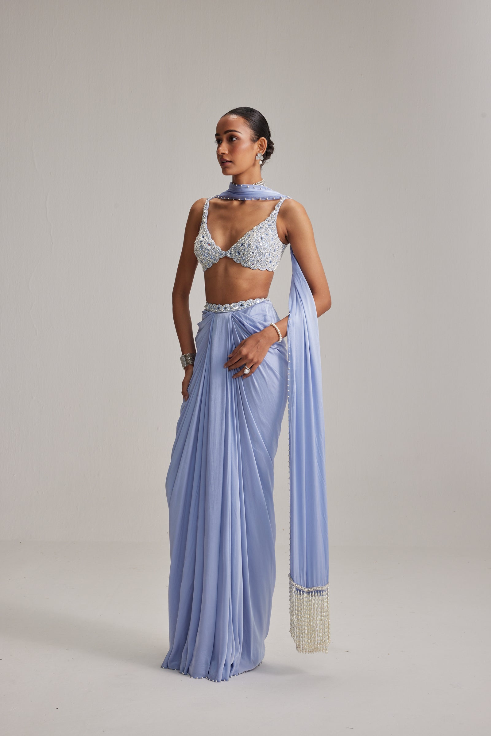 Dew Blue Satin Draped Skirt Set