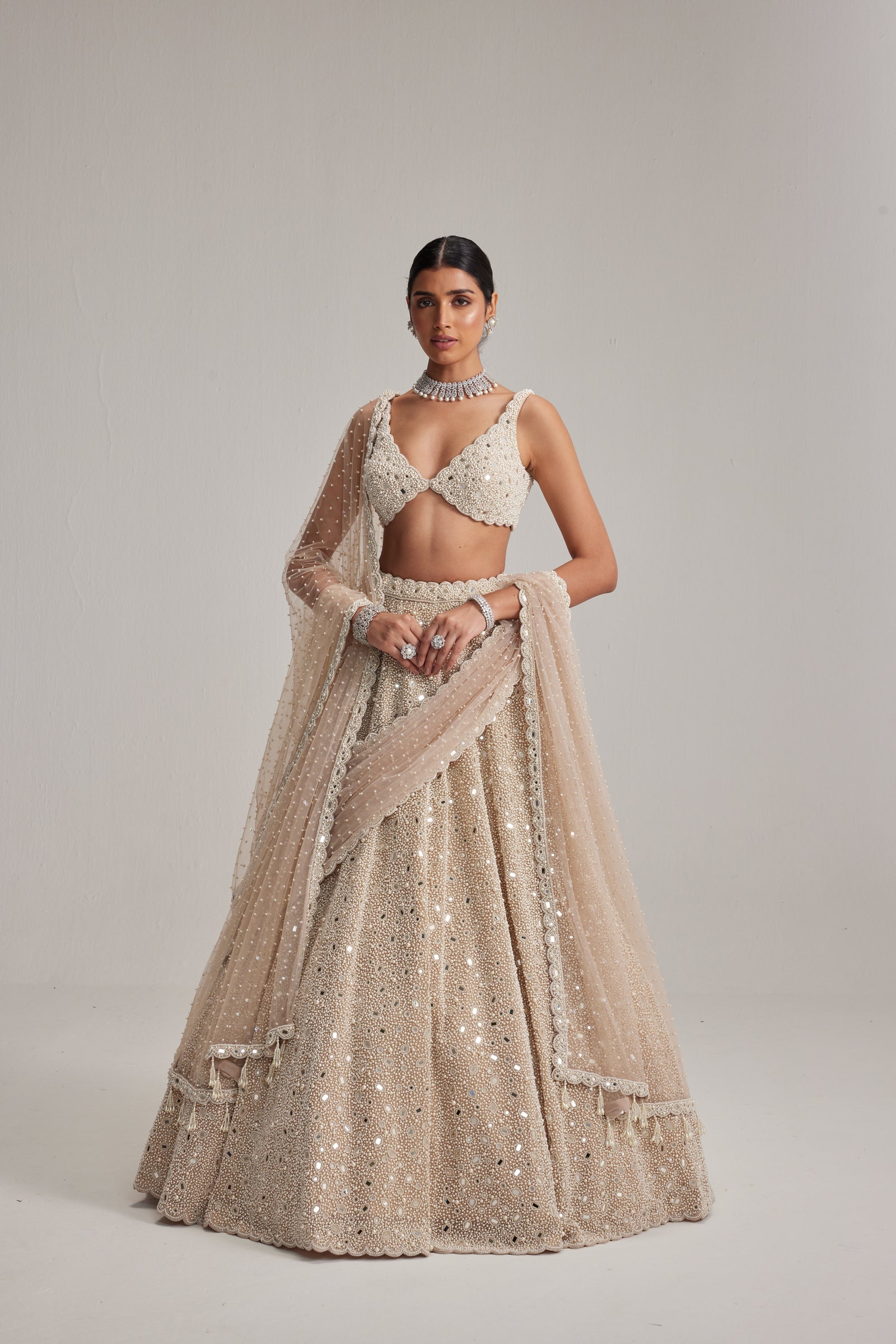 Light Beige Dense mirror and pearl lehenga set With Double Dupatta