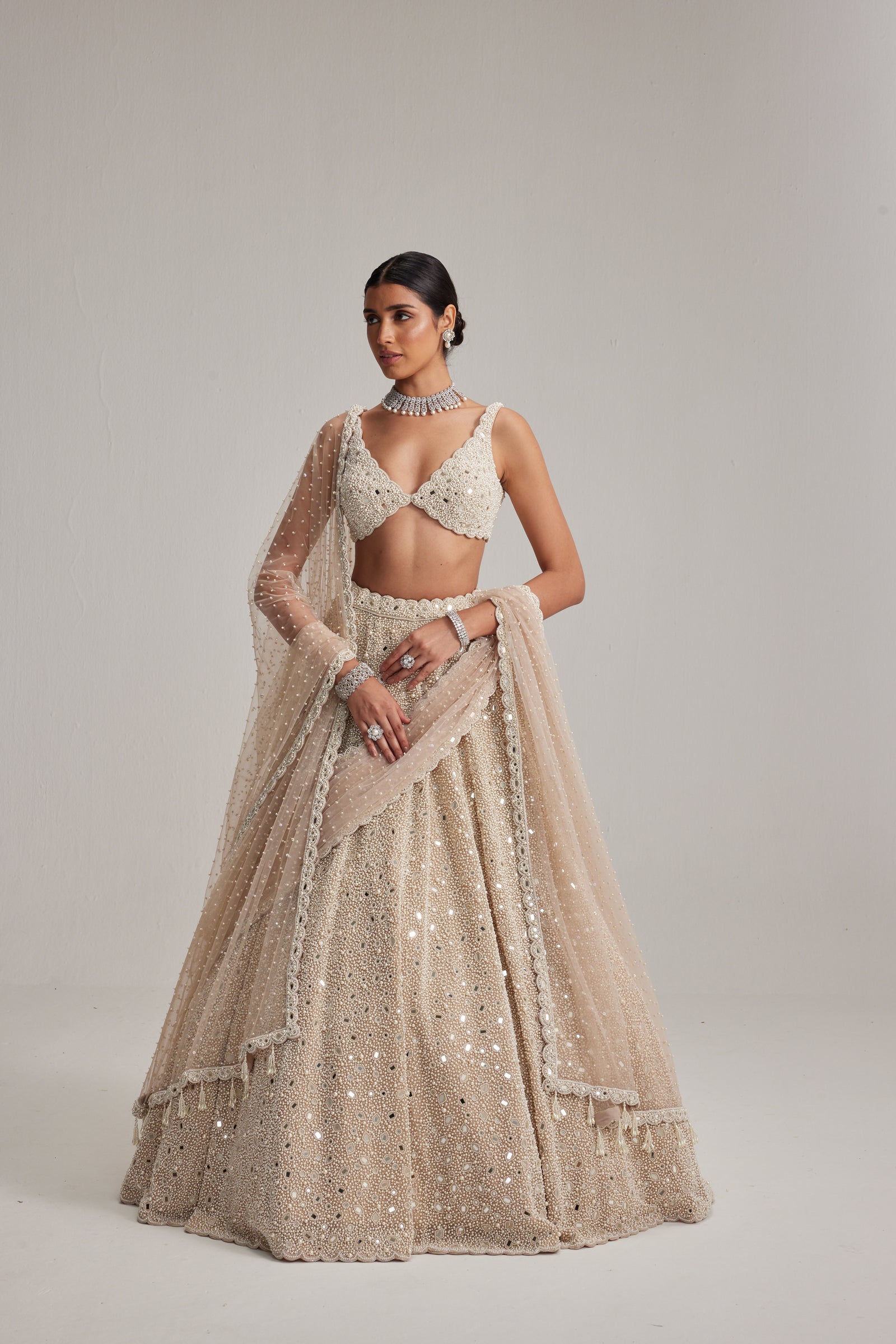 Light Beige Dense mirror and pearl lehenga set With Double Dupatta