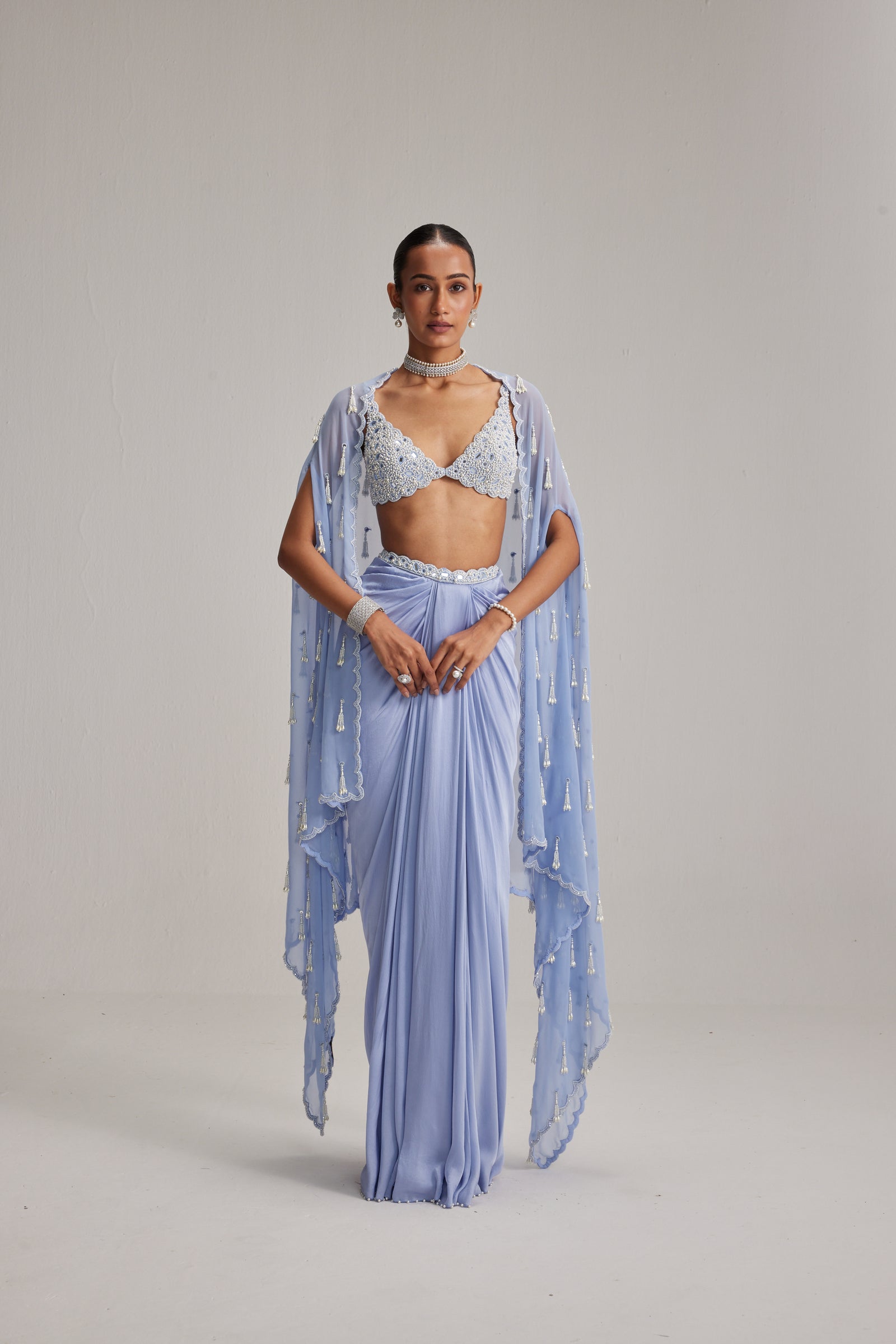 Dew Blue Cape And Satin draped skirt Set