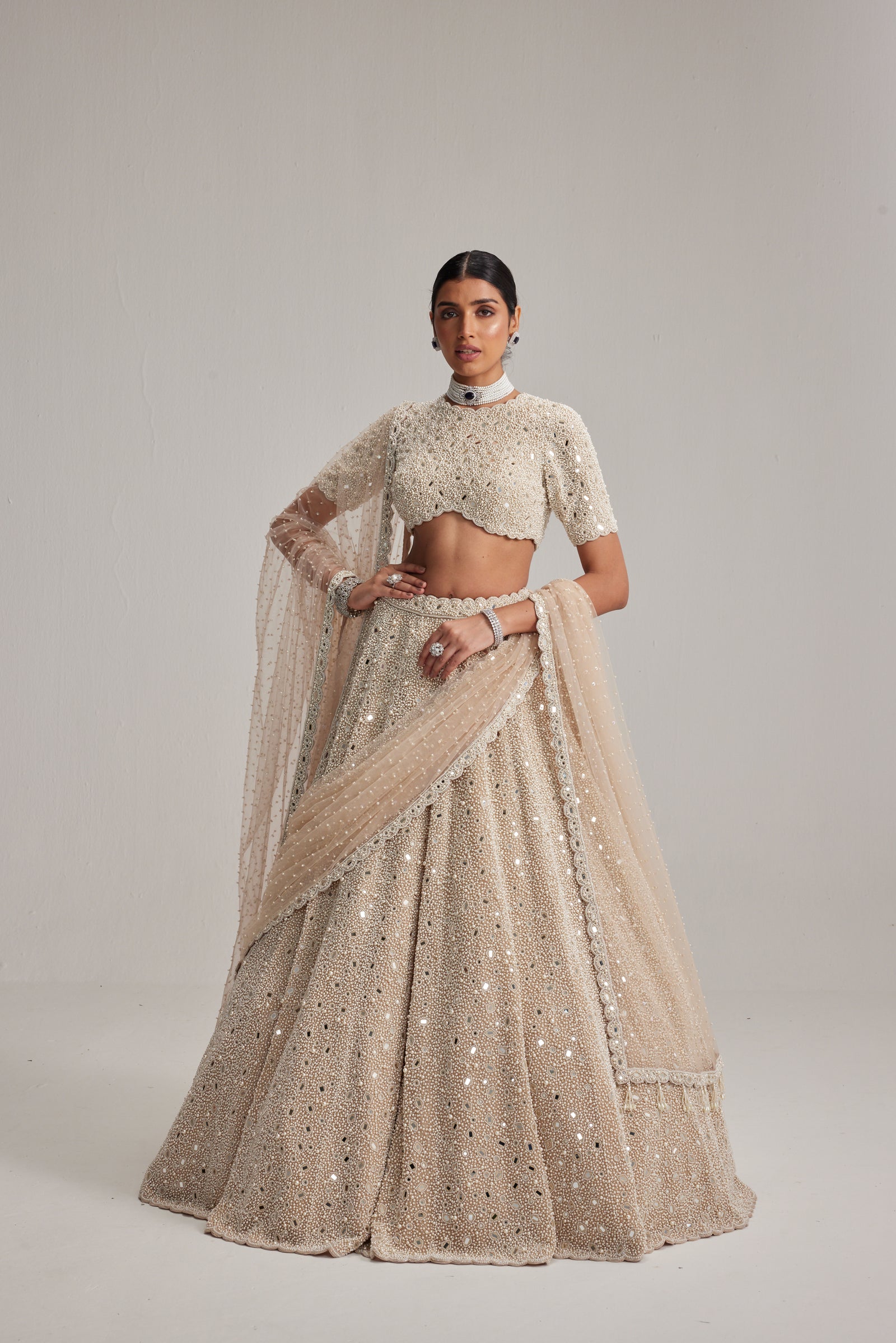 Light Beige dense mirror and pearl lehenga set with high neck blouse and Double Dupatta