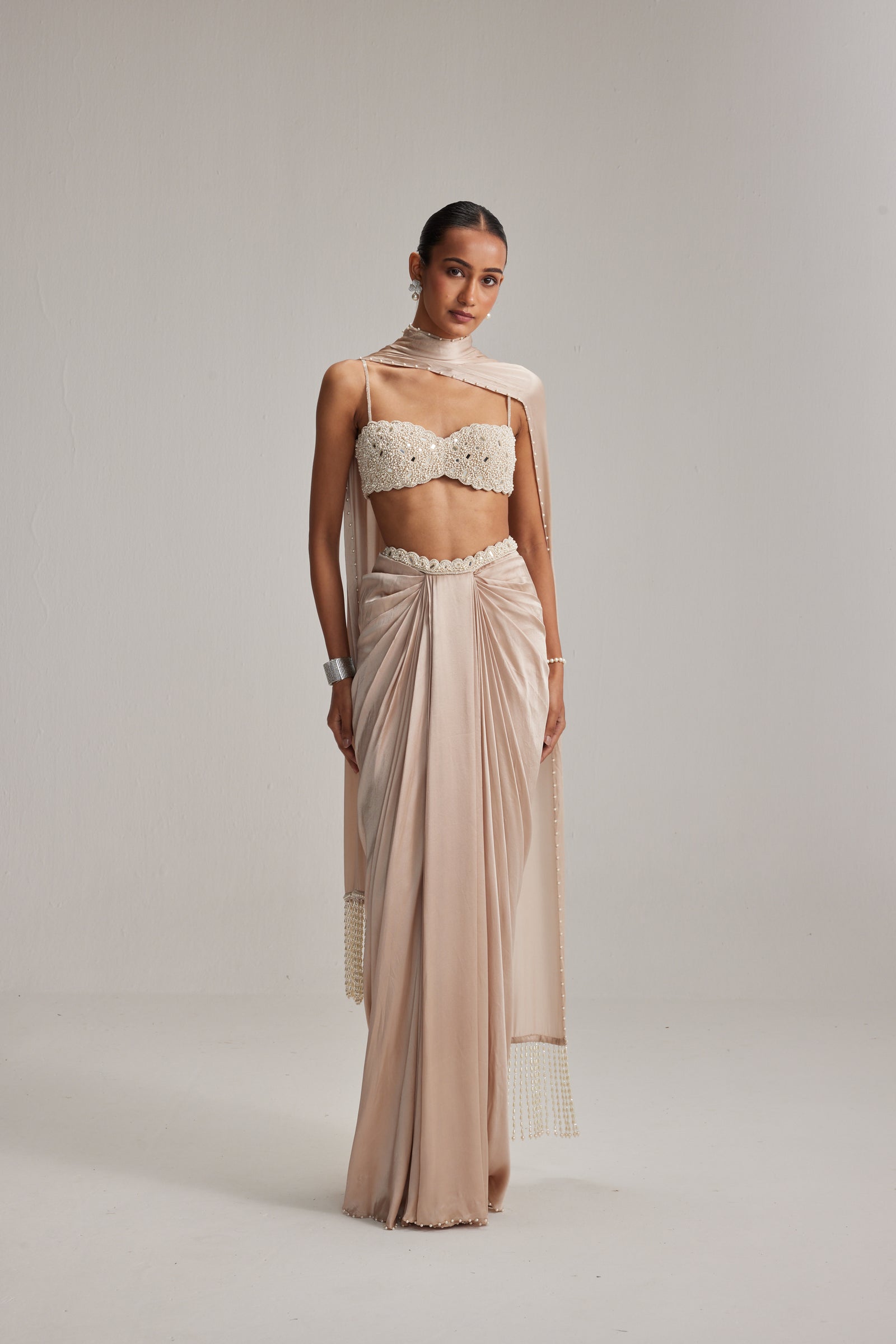 Light Beige Satin draped skirt set