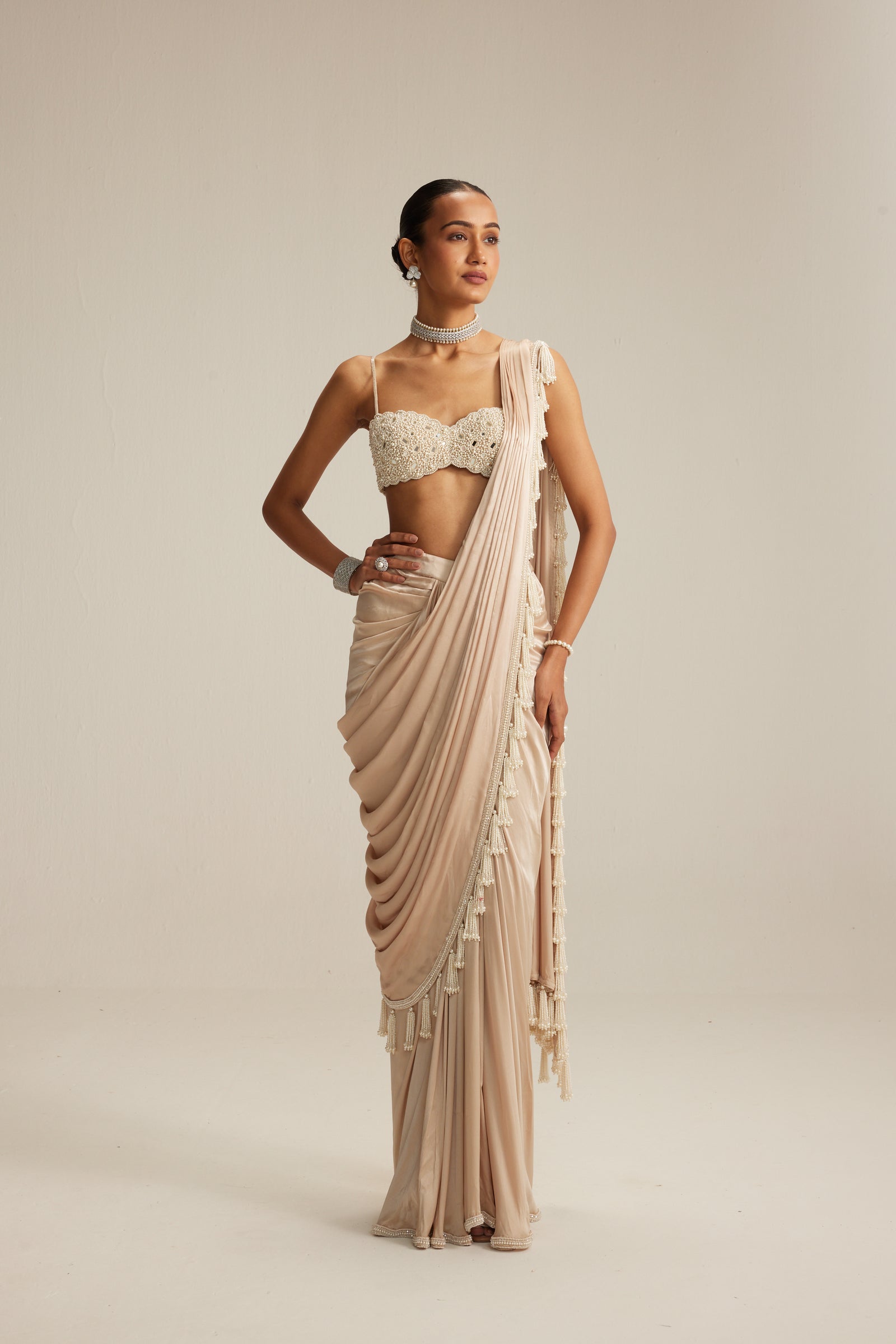 Light Beige mirror and pearl Satin Draped Saree set