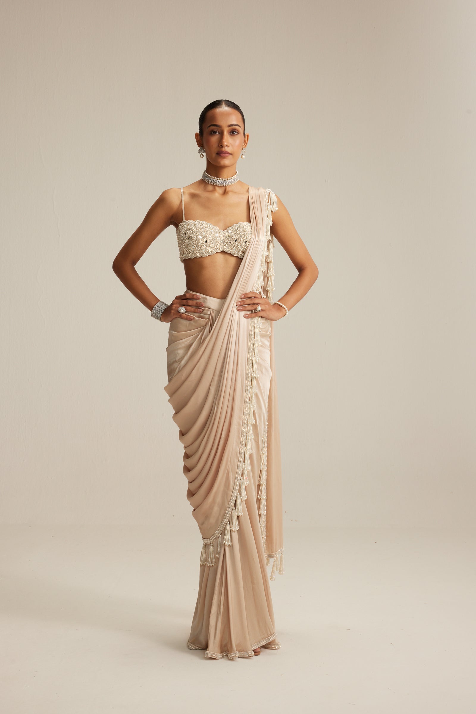 Light Beige mirror and pearl Satin Draped Saree set