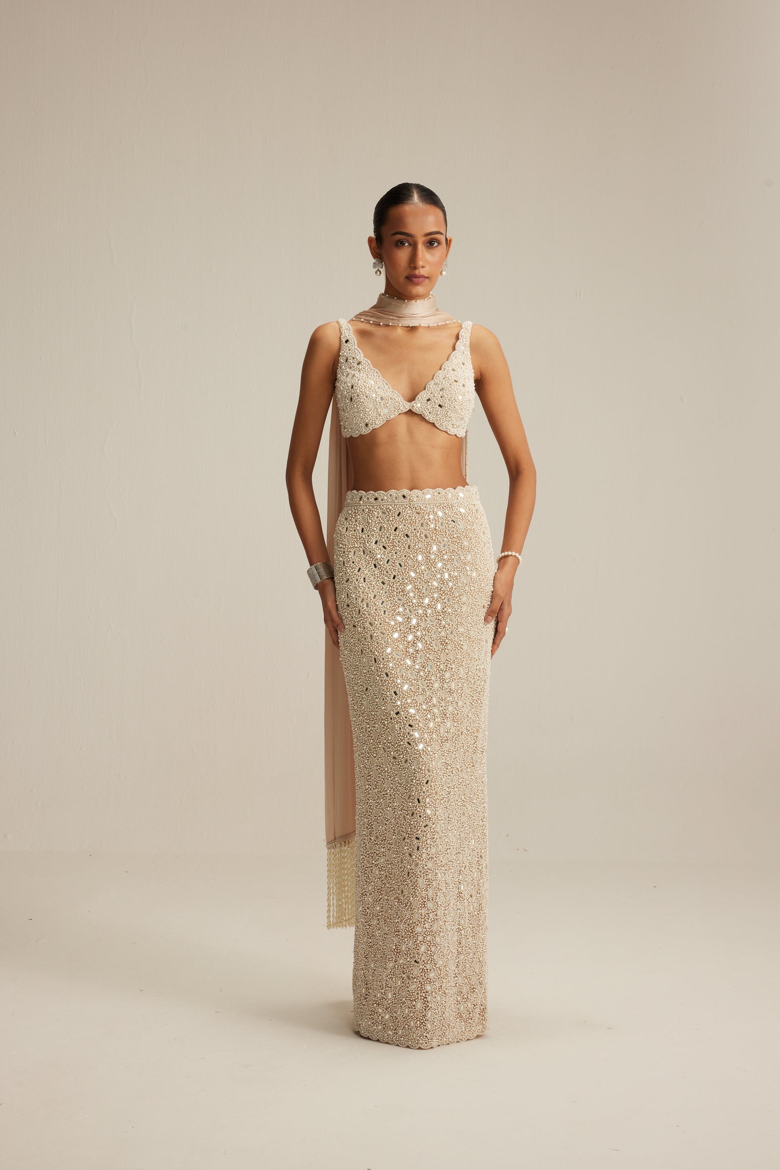 Light Beige V neck Pencil Skirt Set.