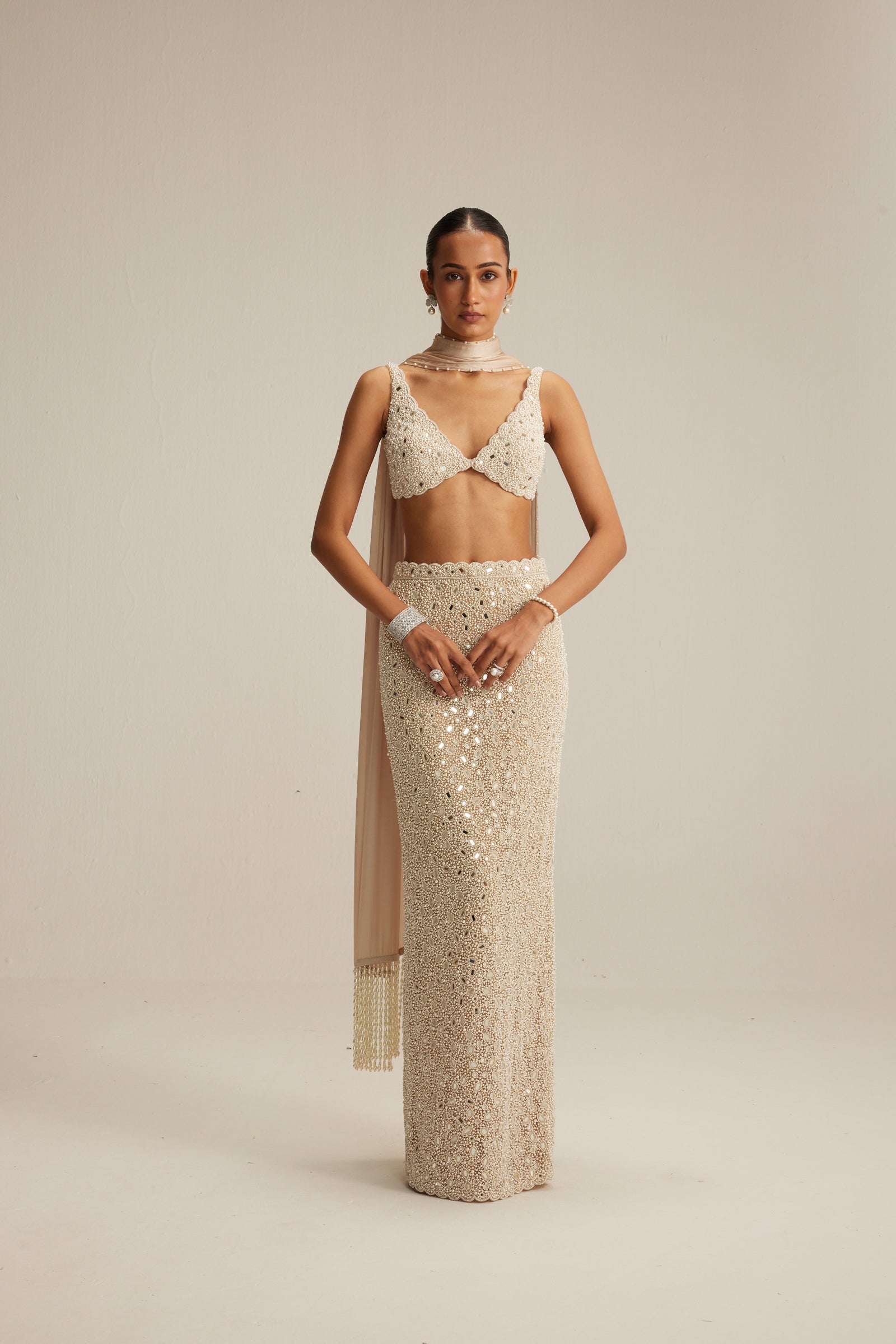 Light Beige V neck Pencil Skirt Set.