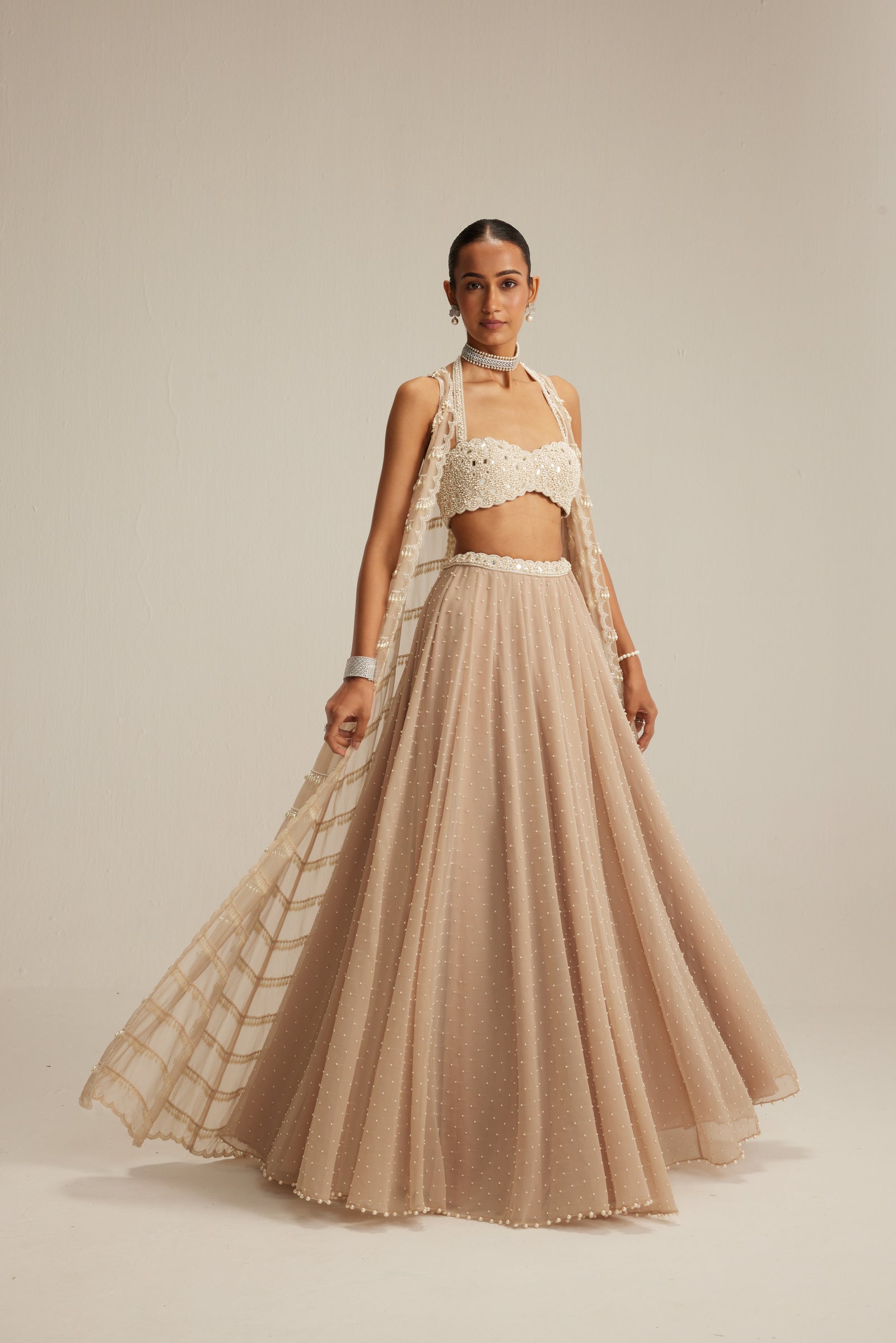 Light Beige Pearl Drop Jacket Set.