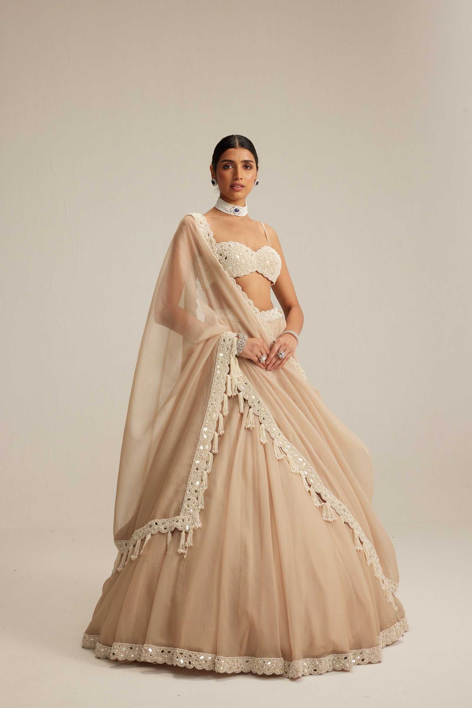 Light Beige Organza mirror and pearl lehenga set