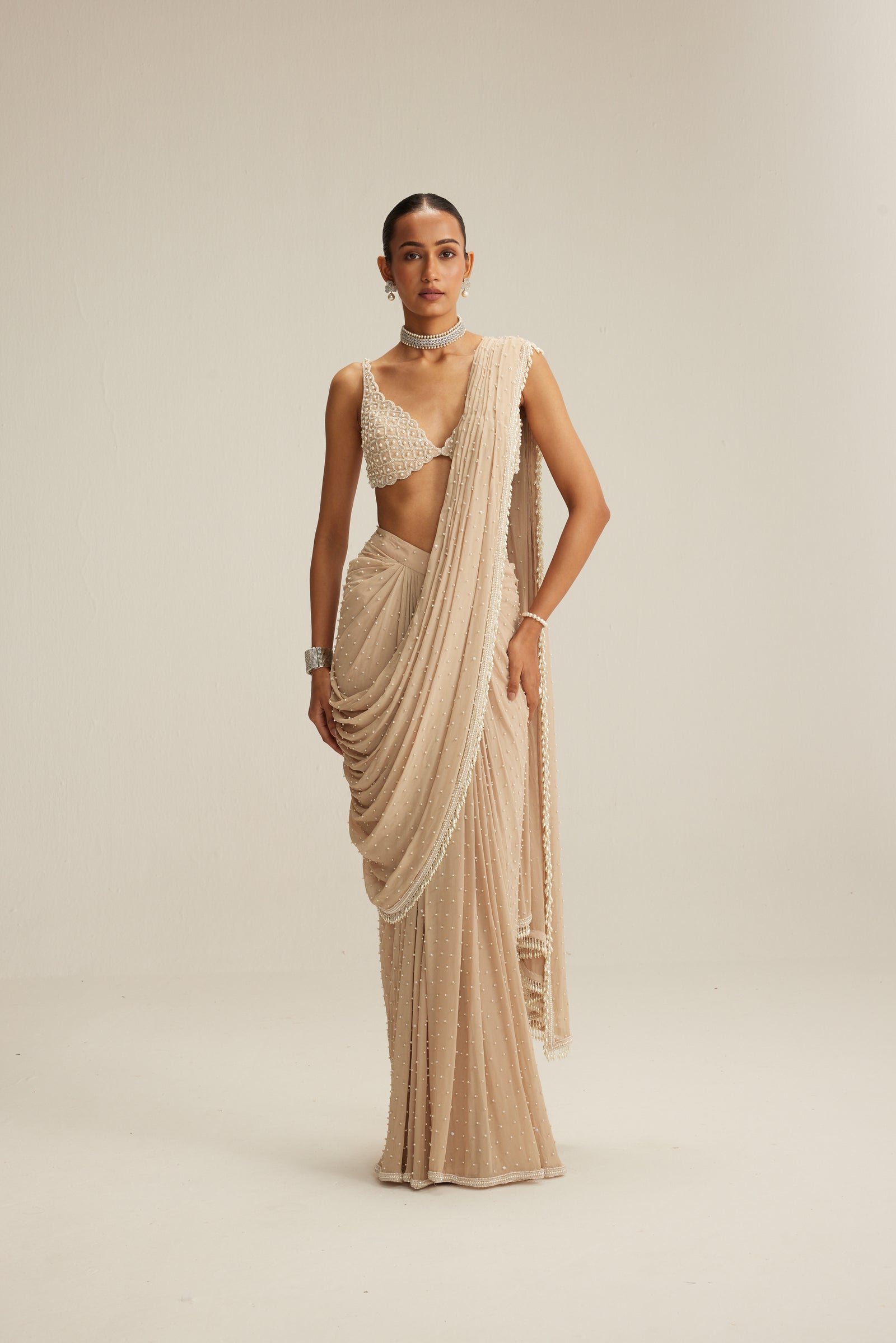 Light Beige Draped Saree Set