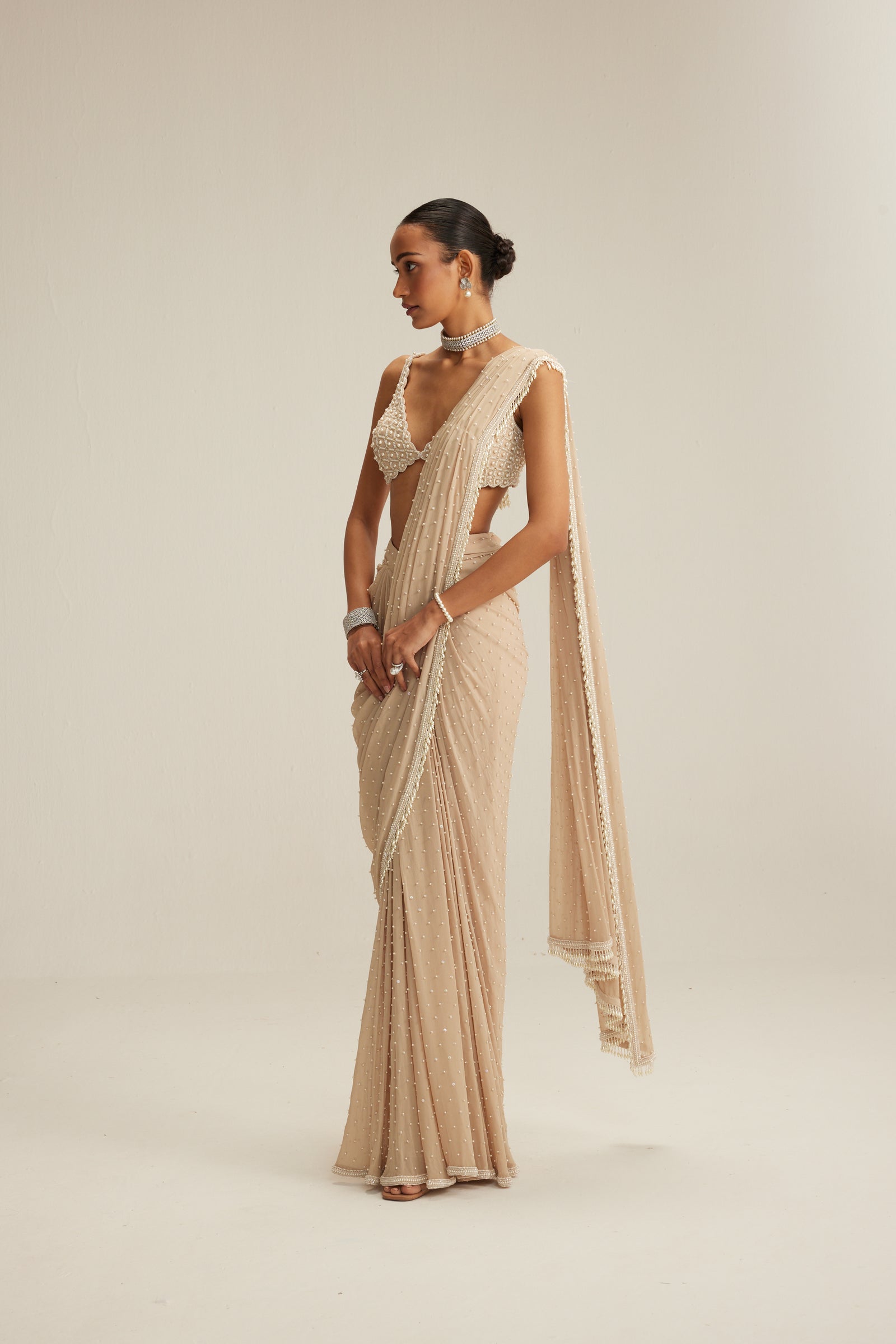 Light Beige Draped Saree Set
