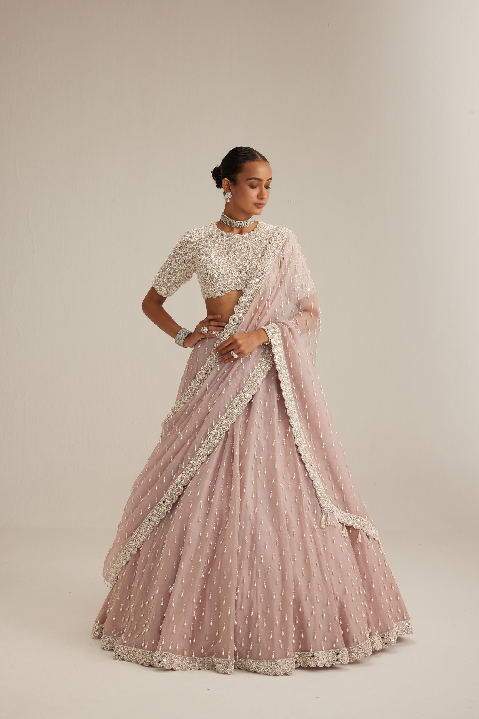 Ash Pink Pearl Drop Lehenga with high neck blouse