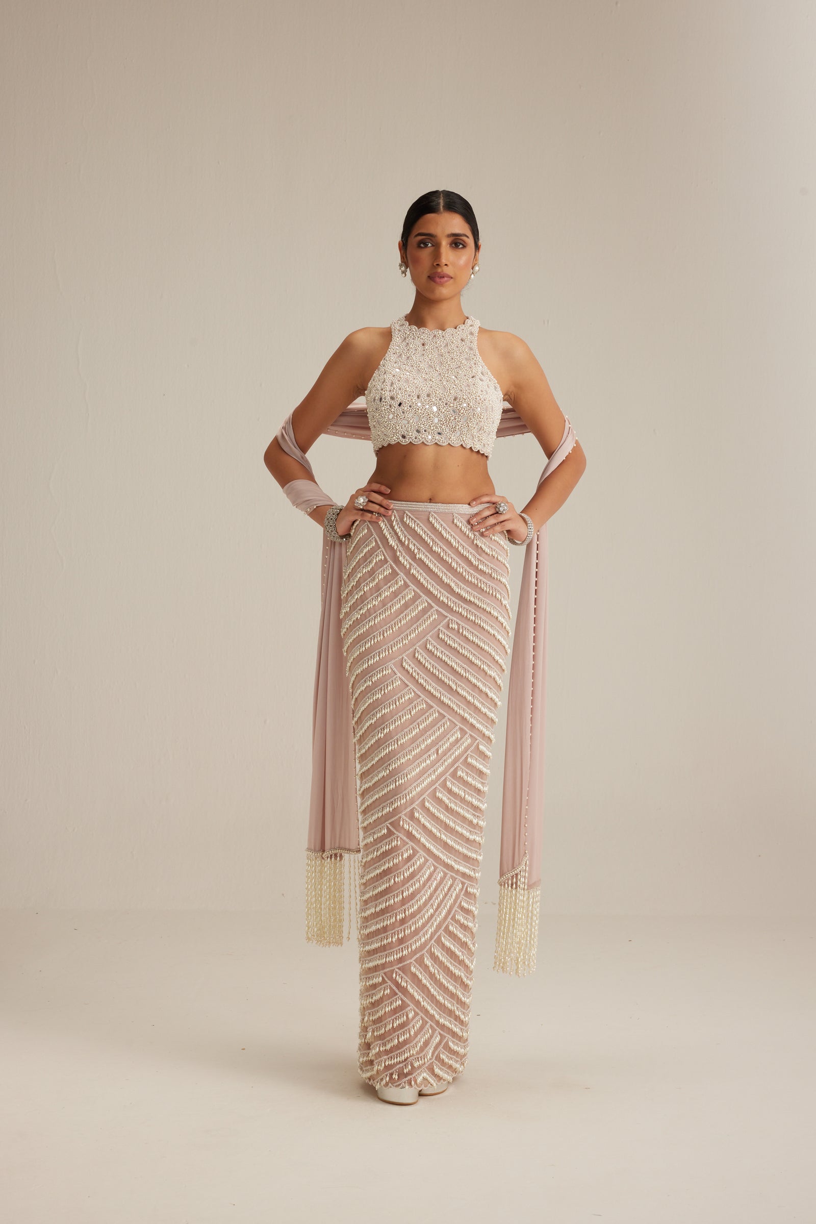 Ash Pink Pearl Drop Pencil Skirt Set