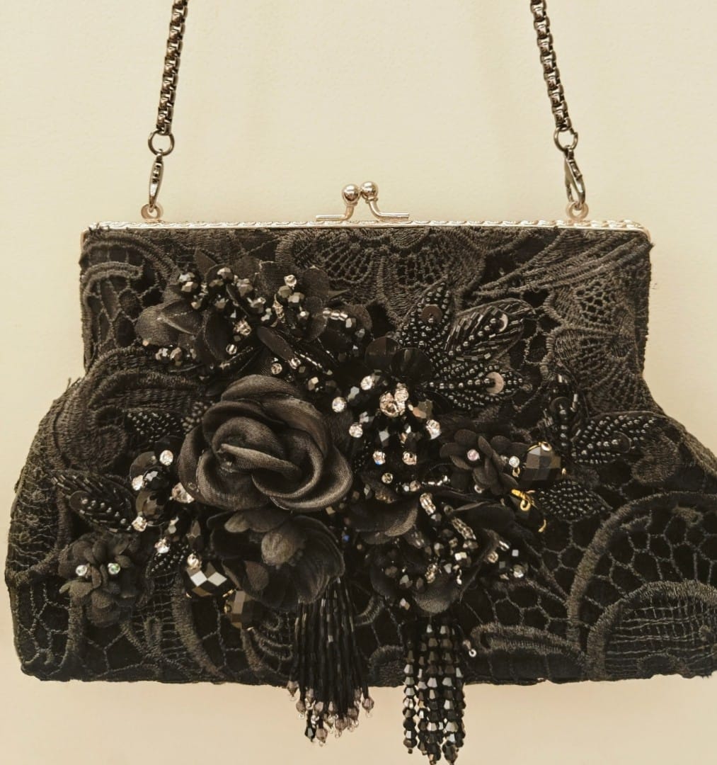 Black lace applique work & 3D floral hand embroidered purse with a silver frame
