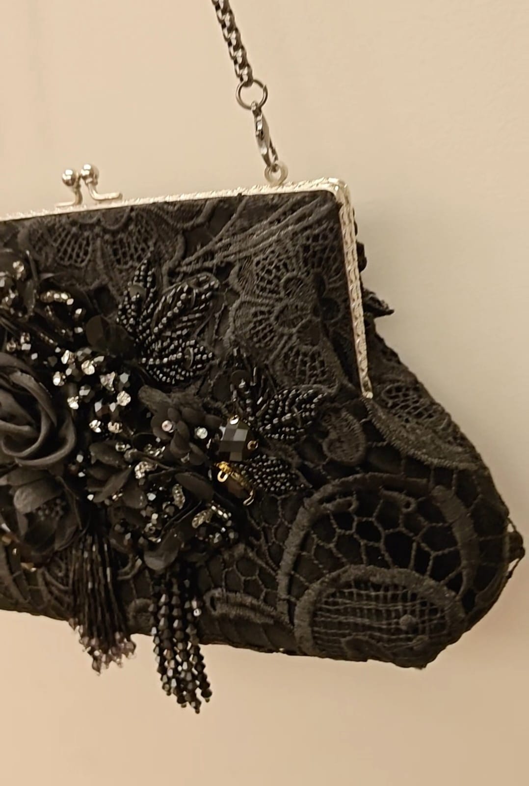 Black lace applique work & 3D floral hand embroidered purse with a silver frame