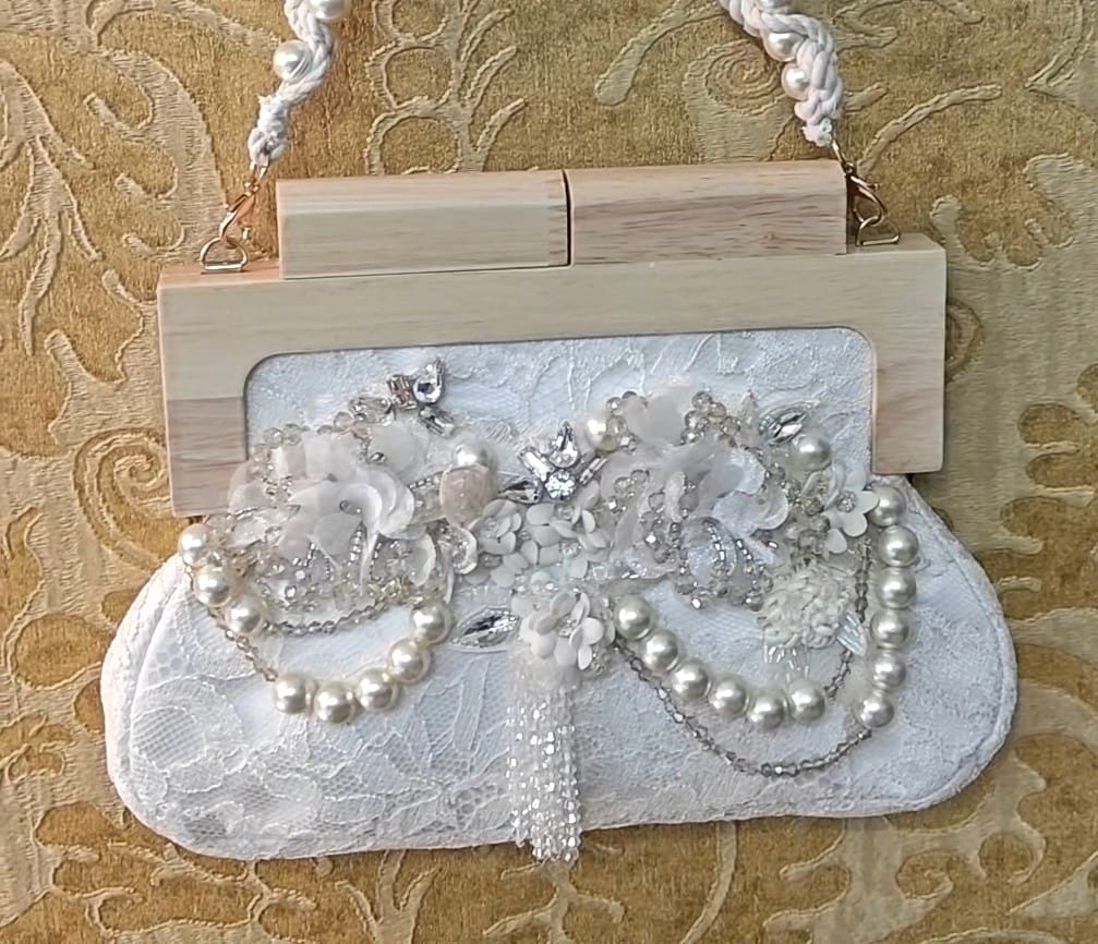 White chantilly lace purse with dainty floral embroidery and pearl/ bead scallops